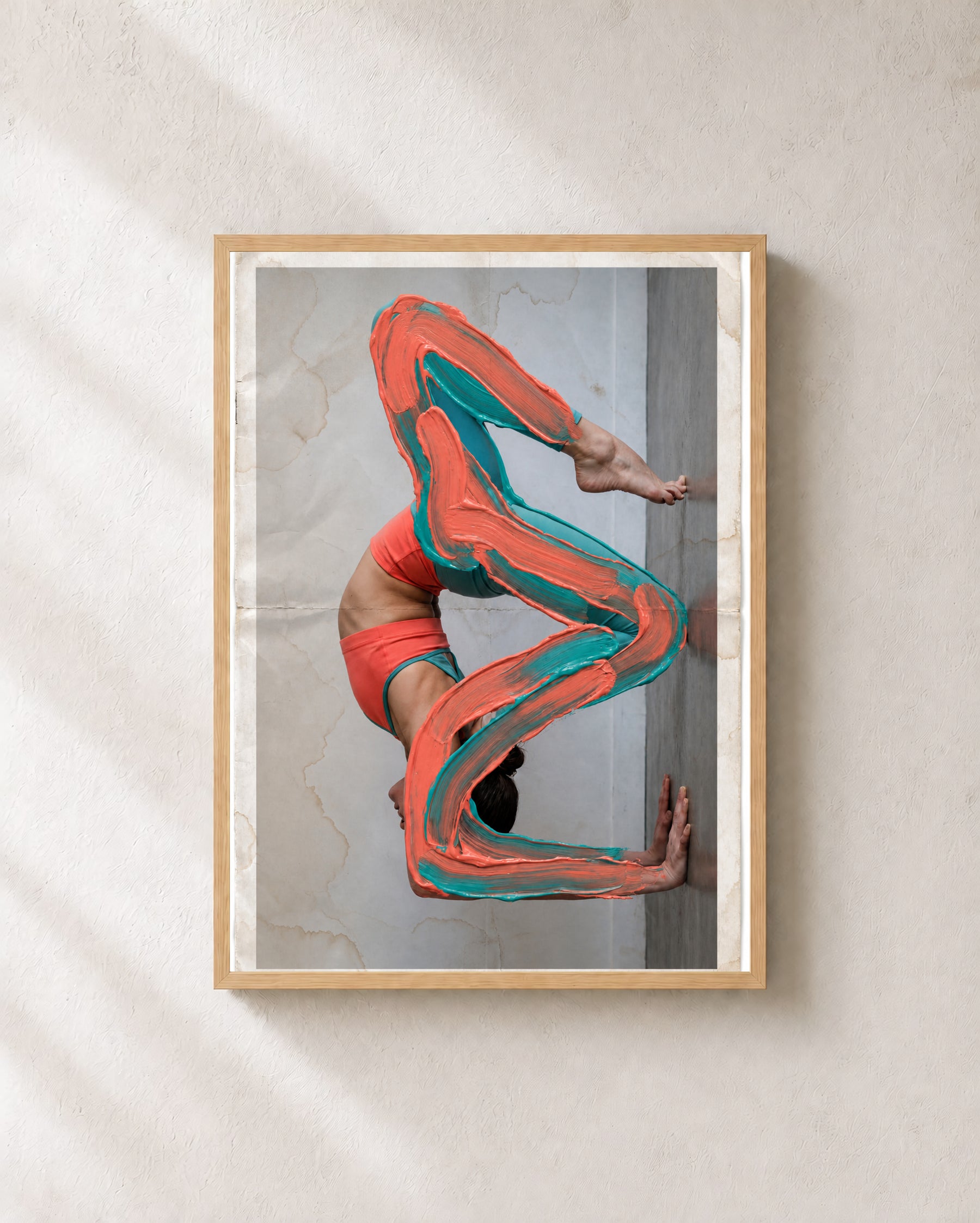 Painted Contortion Pose art print with light oak frame
