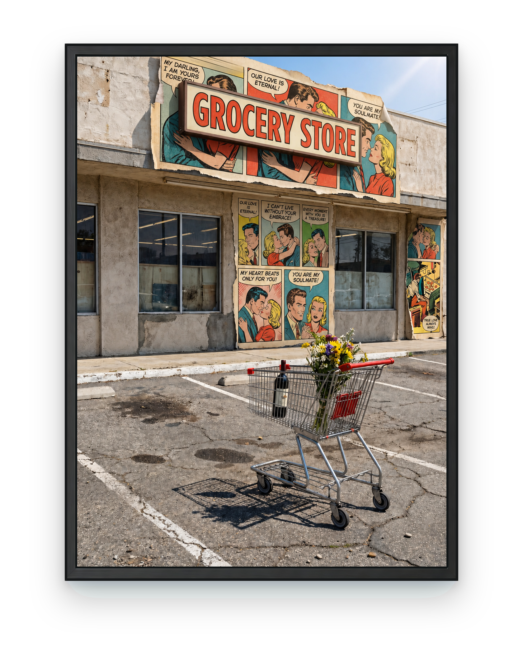 Vintage grocery storefront with a flower cart, shown in a black frame