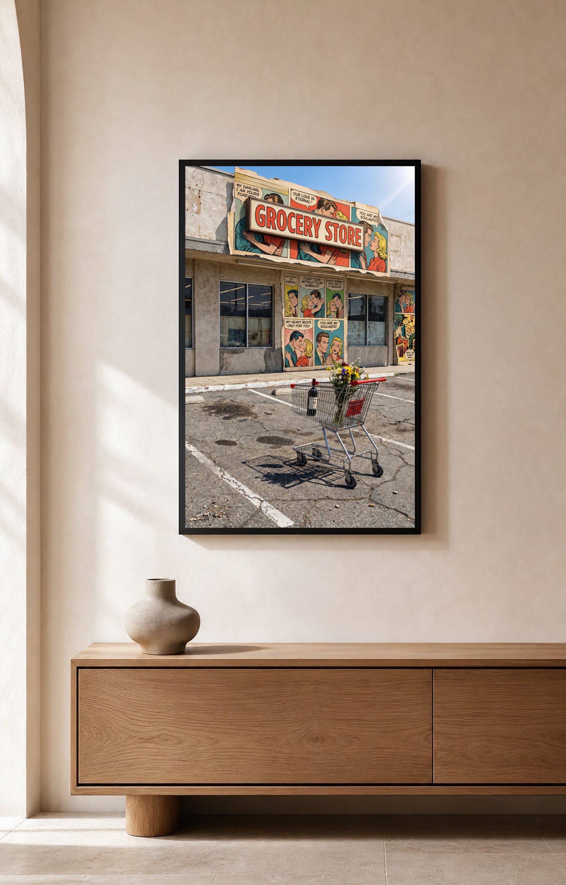 Vintage Grocery Remains art print displayed in a bright interior