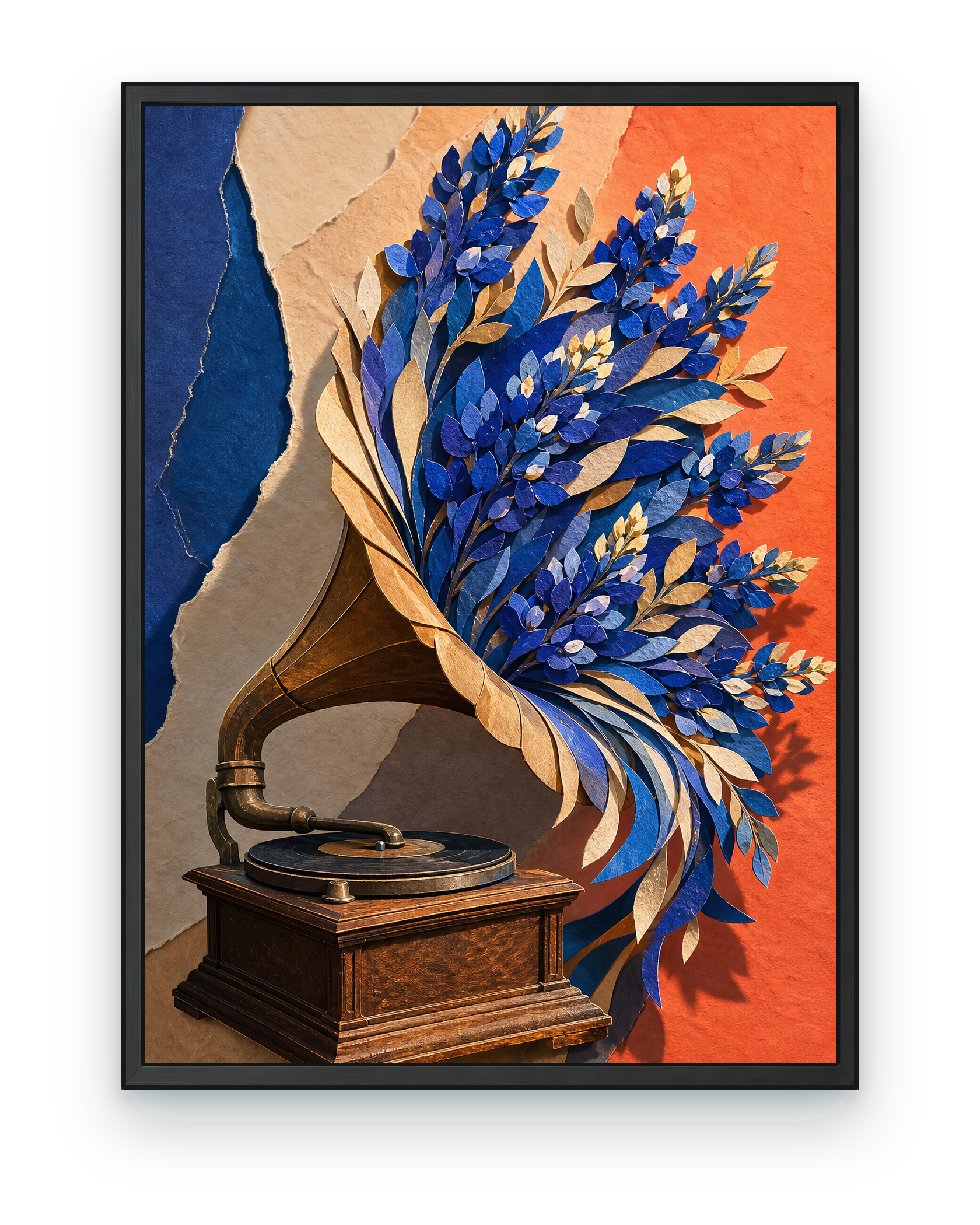 Bluebonnet Gramophone — black framed artwork on a transparent background