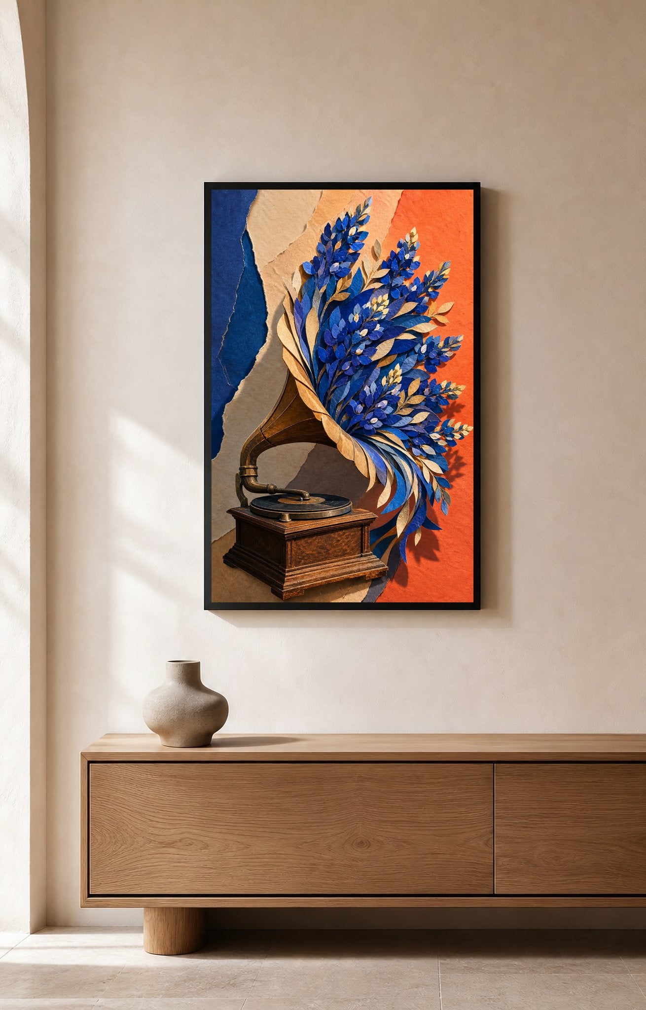 Bluebonnet Gramophone – Framed Collage Art Print - Wall Art Print