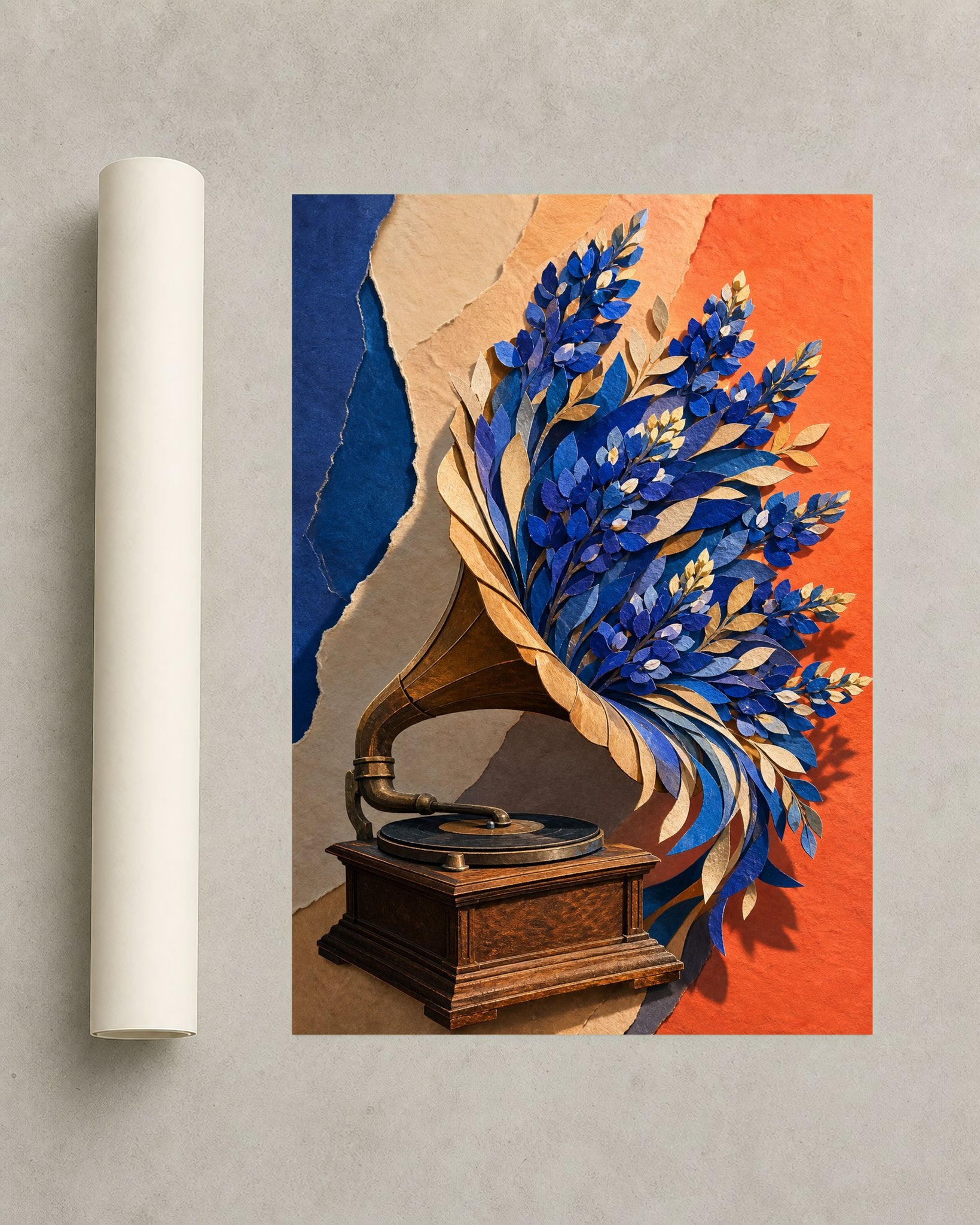 Bluebonnet Gramophone – Framed Collage Art Print - Wall Art Print