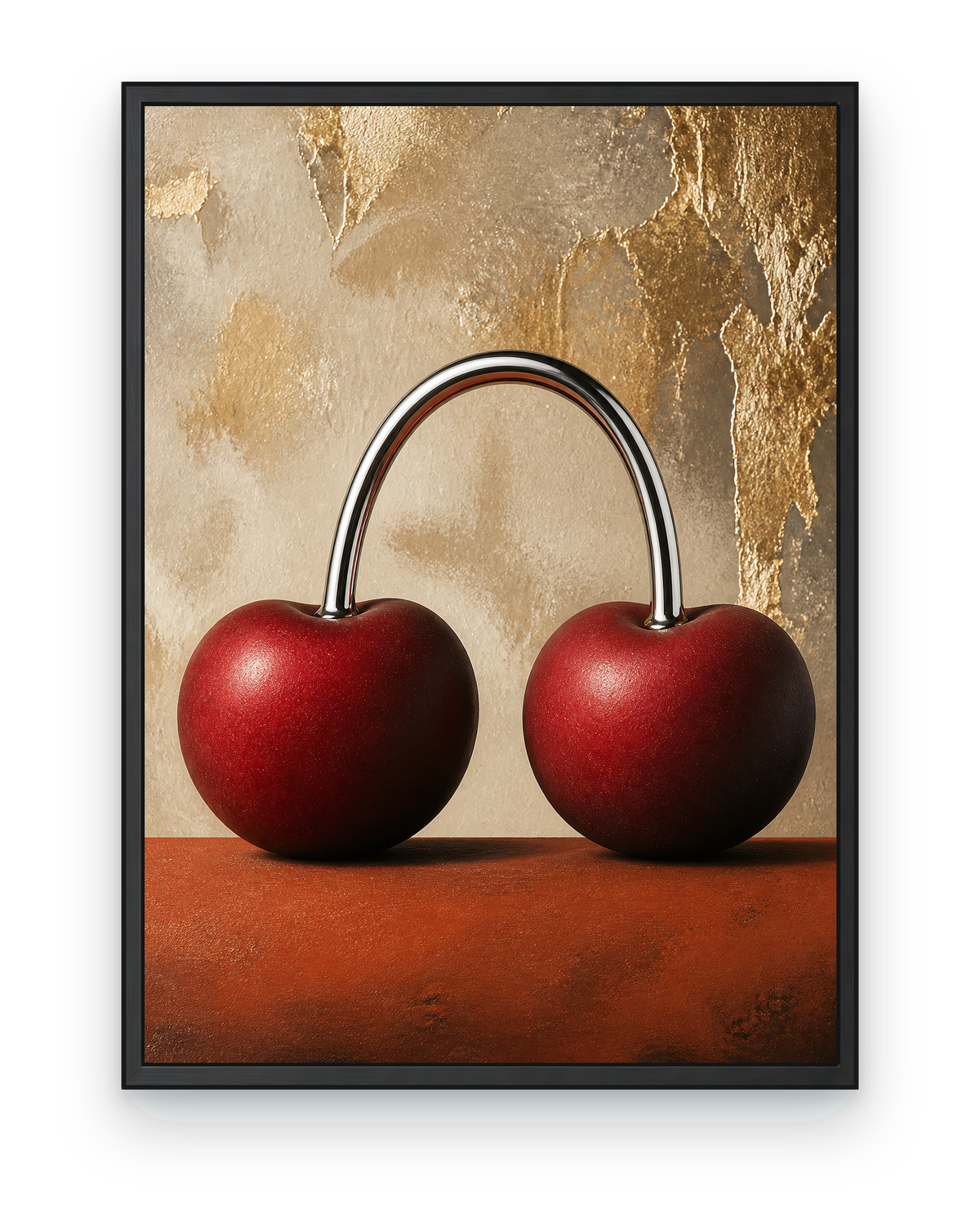 Chrome Cherry Horizon — black framed artwork on a transparent background