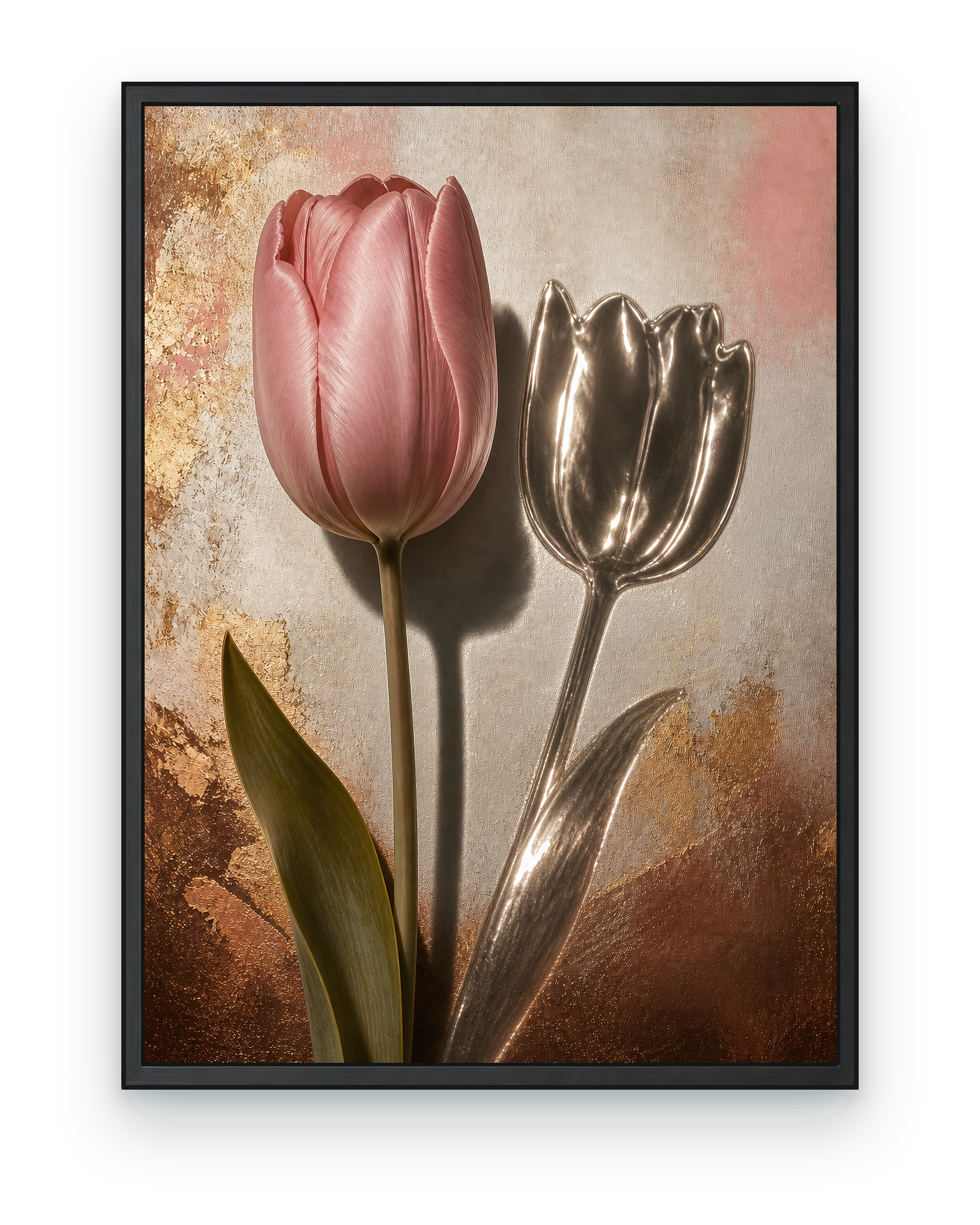 Chrome Tulip Shadow — black framed artwork on a transparent background