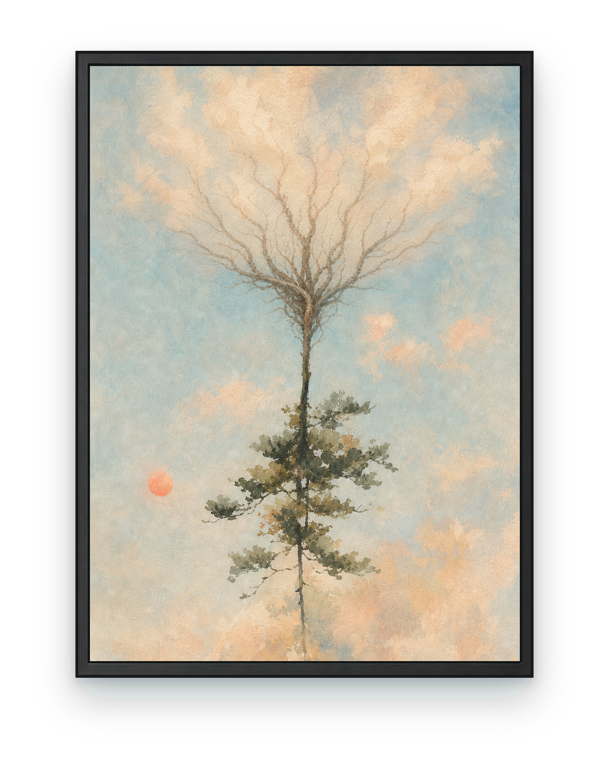 Rooted Sky, a text-free Impossible Earth art print: roots and clouds exchange places around one continuous trunk.