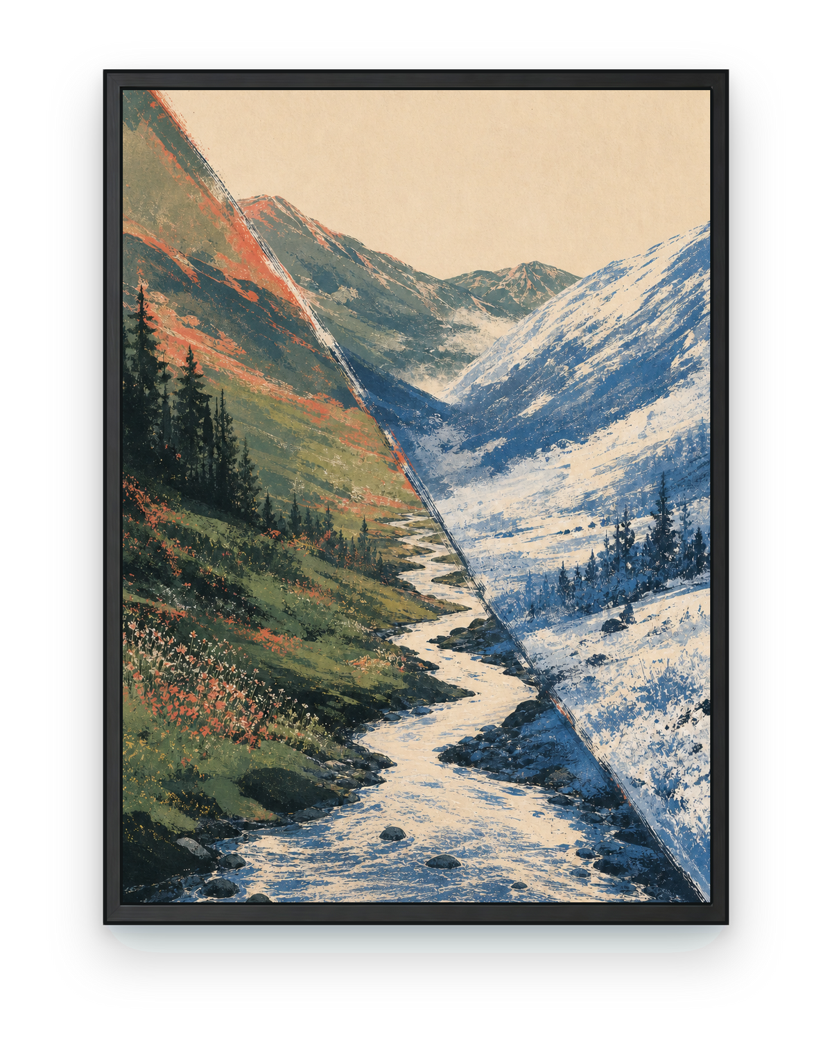 Season Fault, a text-free Impossible Earth art print: the same place exists in two seasons at once.