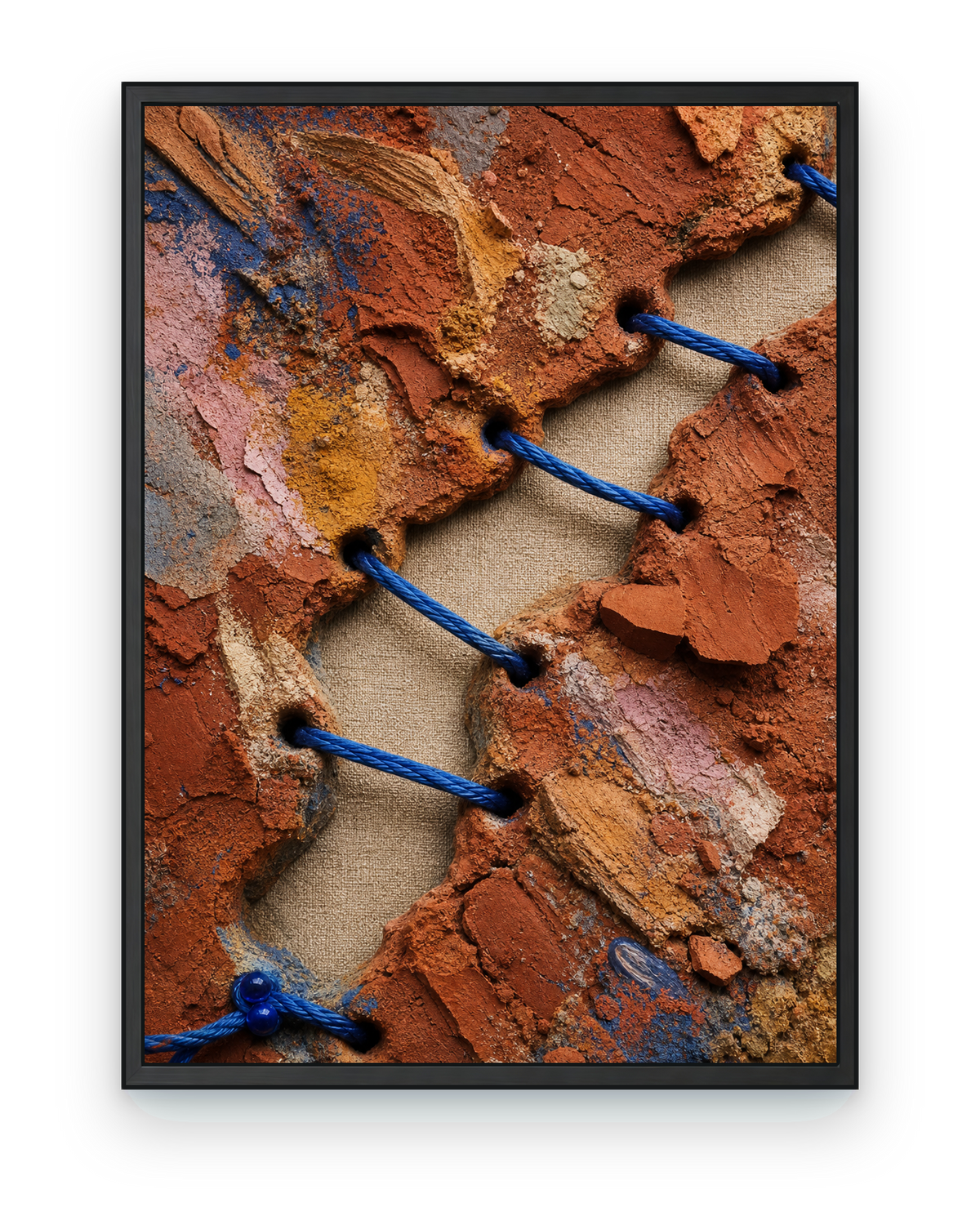Valley Stitch, a text-free Impossible Earth art print: a geological rupture is physically sewn closed.