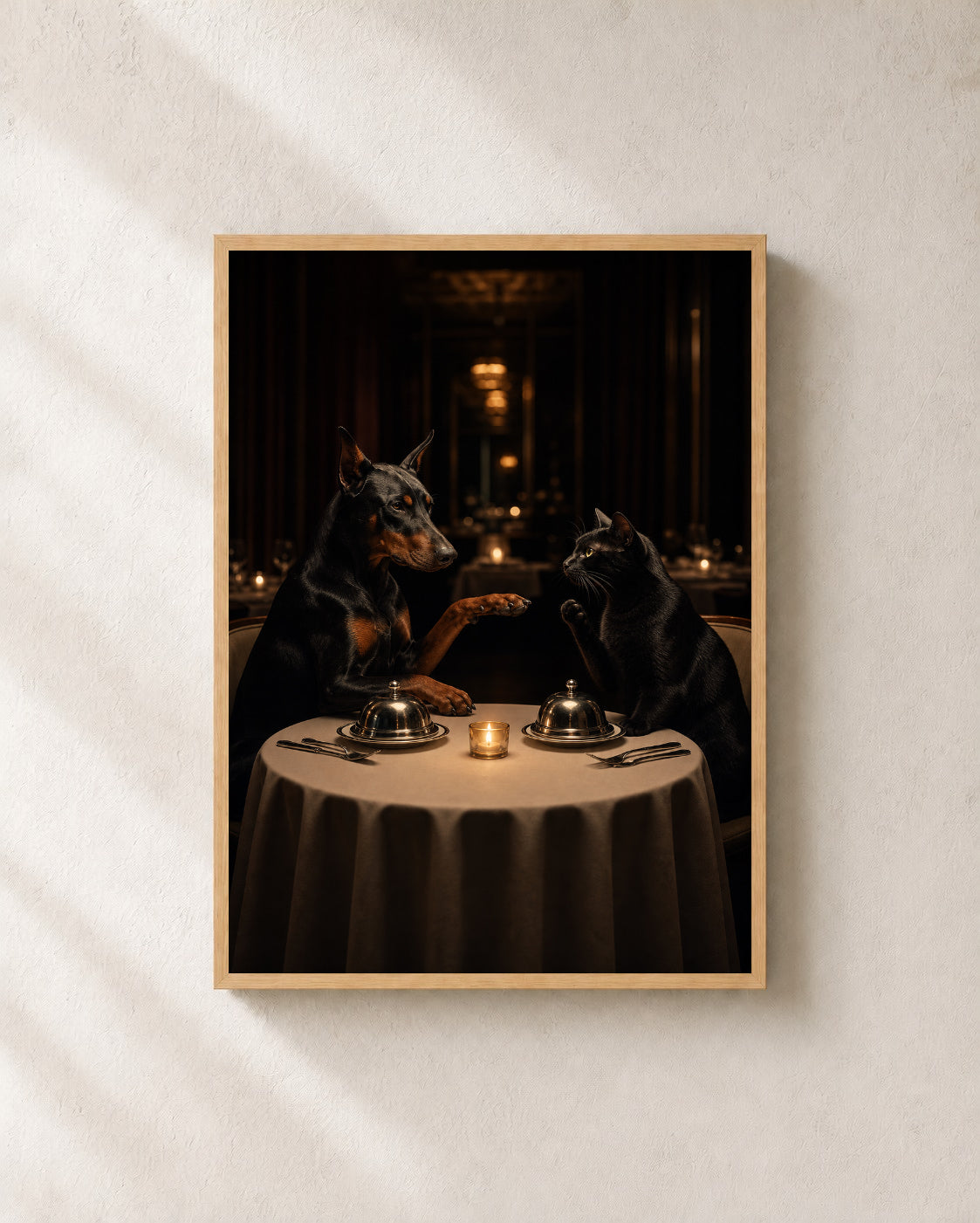 Dinner Decisions — Doberman & Cat Framed Art Print — photo web-frame-light-oak