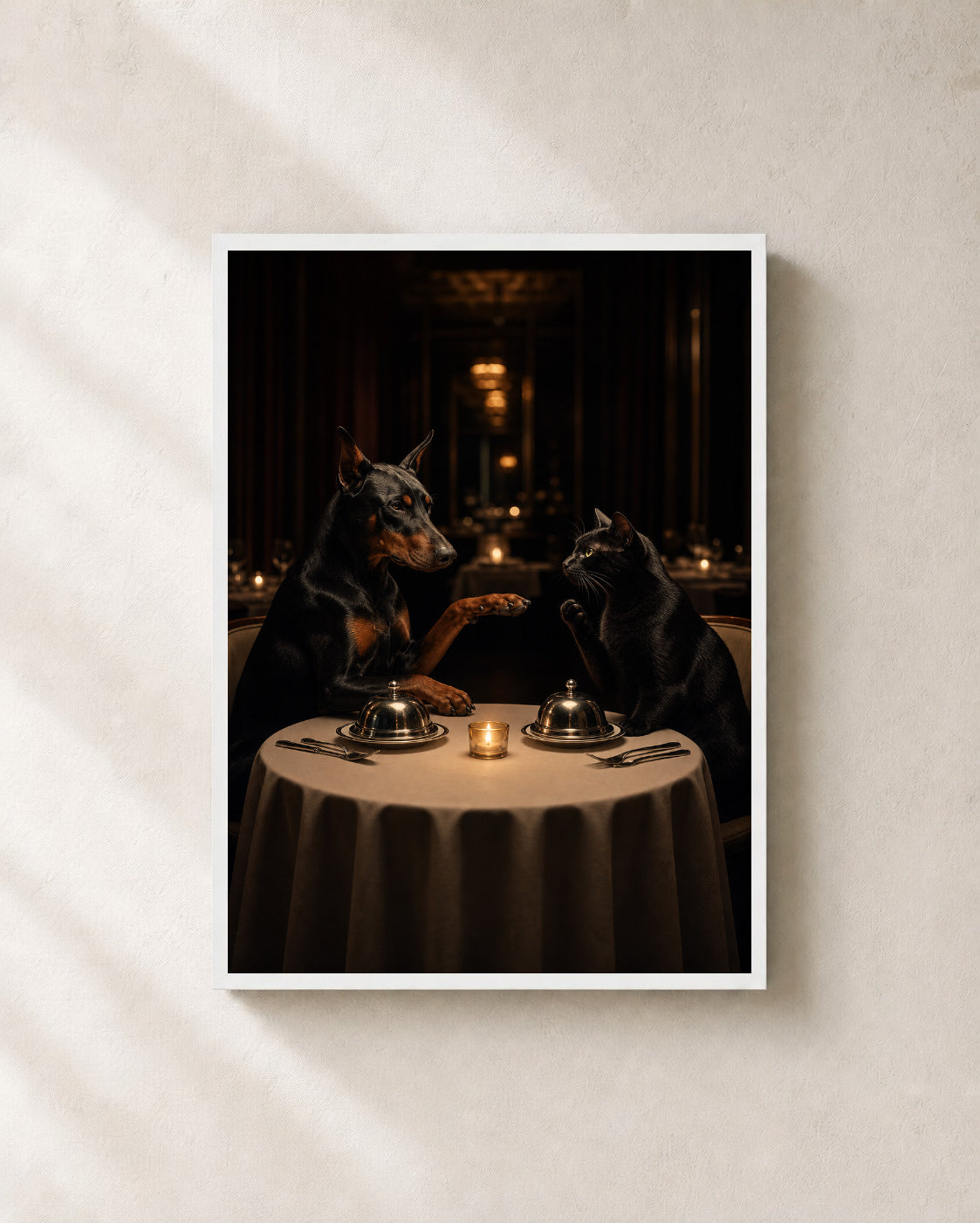 Dinner Decisions — Doberman & Cat Framed Art Print — photo web-frame-white