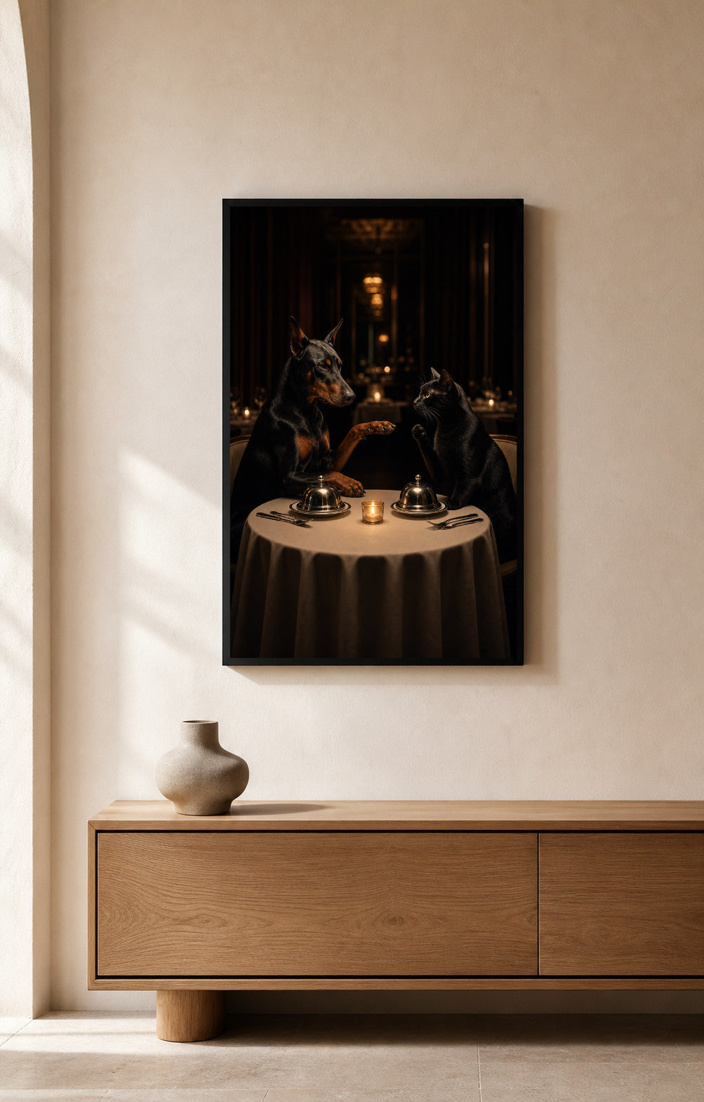 Dinner Decisions — Doberman & Cat Framed Art Print — photo web-hero-portrait