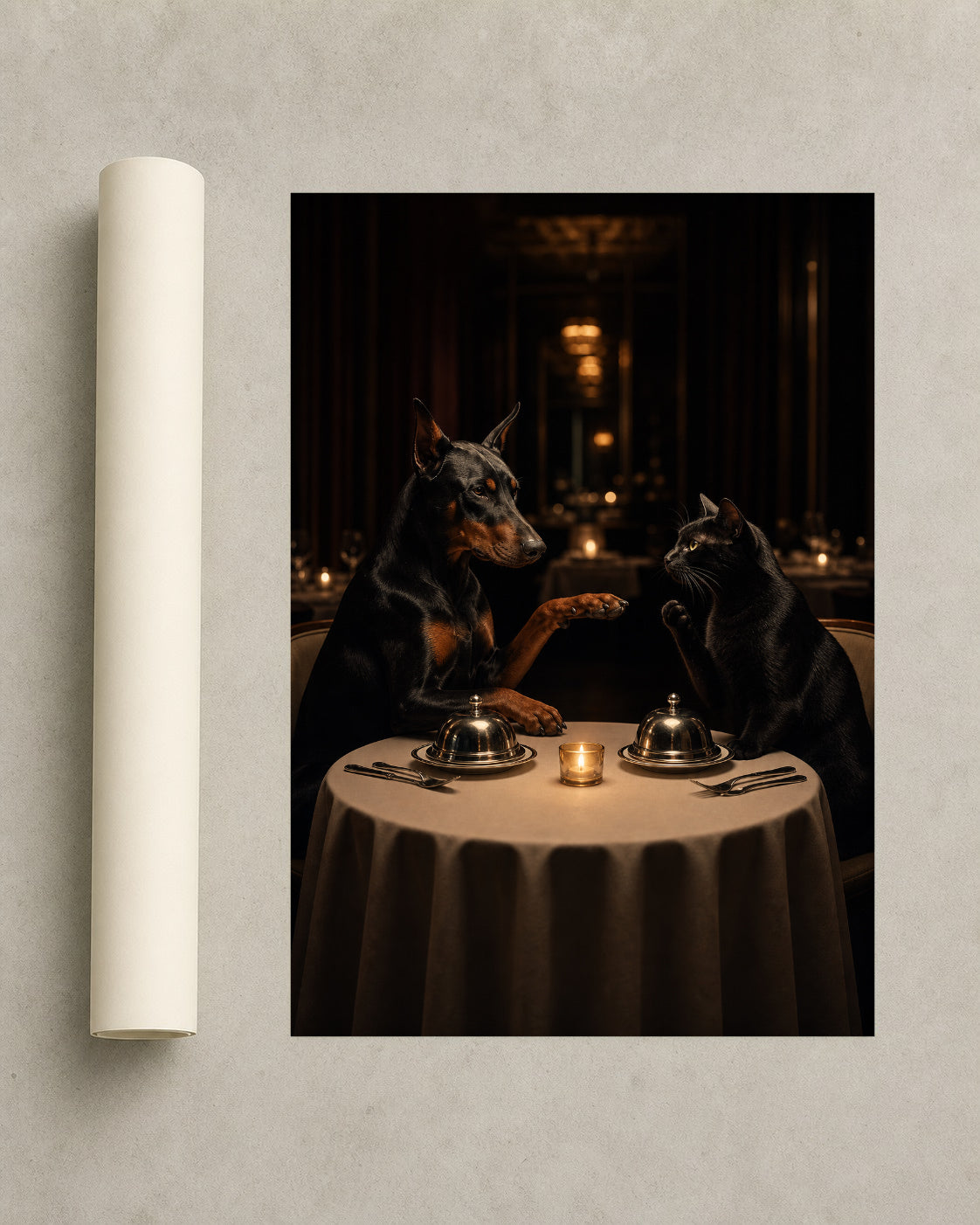 Dinner Decisions — Doberman & Cat Framed Art Print — photo web-roll-portrait