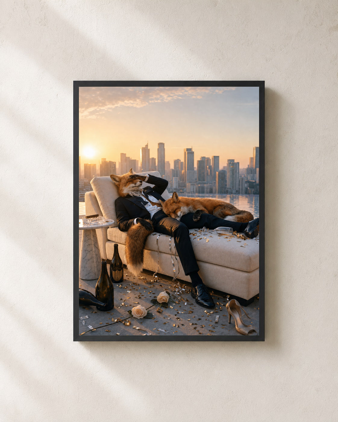 After the Party — Hangover Fox Framed Art Print — photo web-frame-black