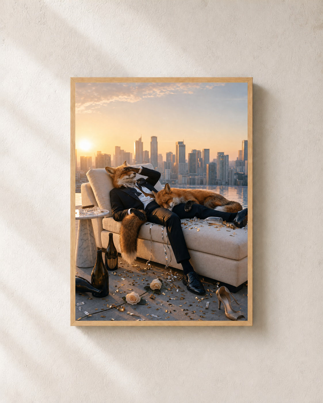 After the Party — Hangover Fox Framed Art Print — photo web-frame-light-oak