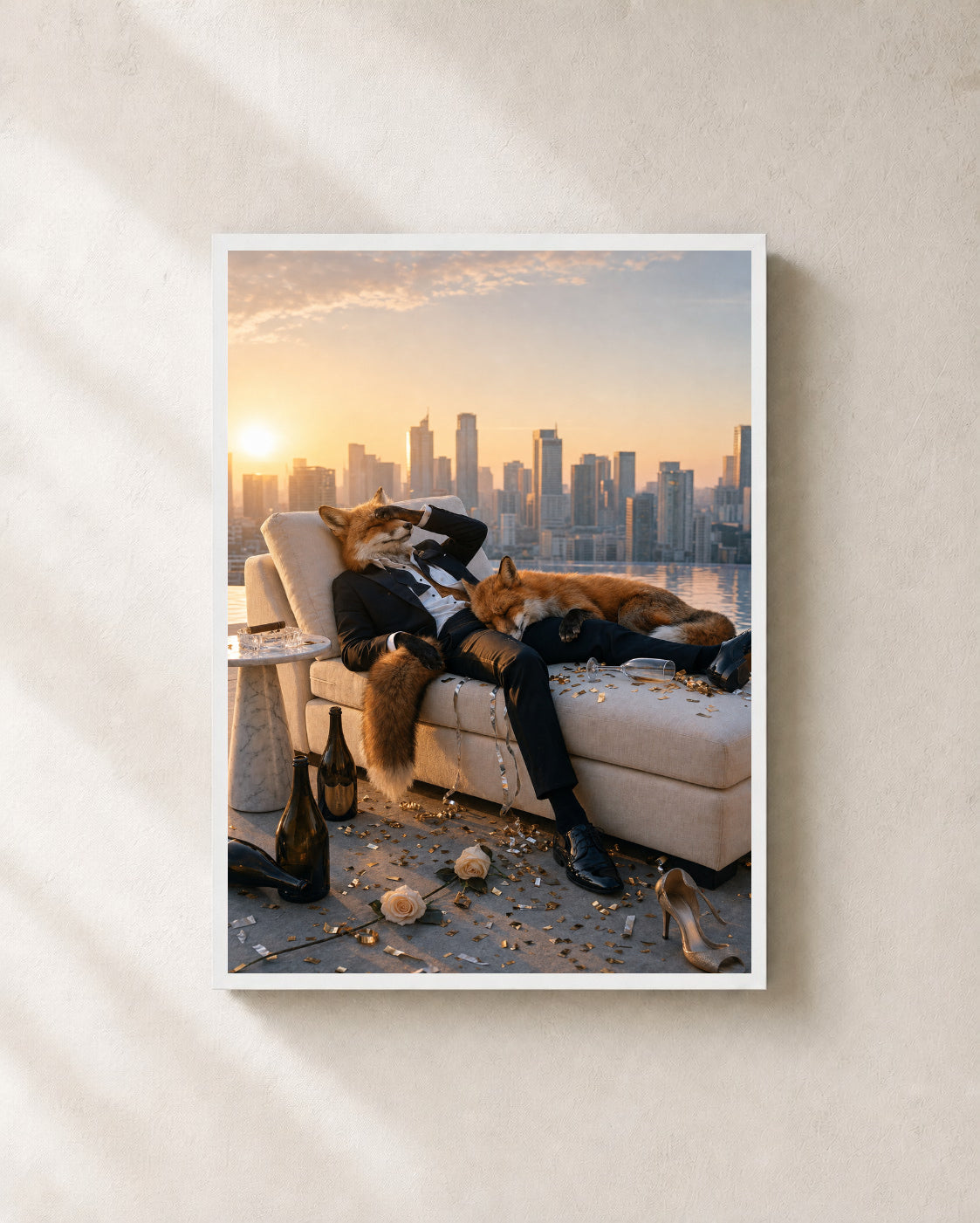 After the Party — Hangover Fox Framed Art Print — photo web-frame-white