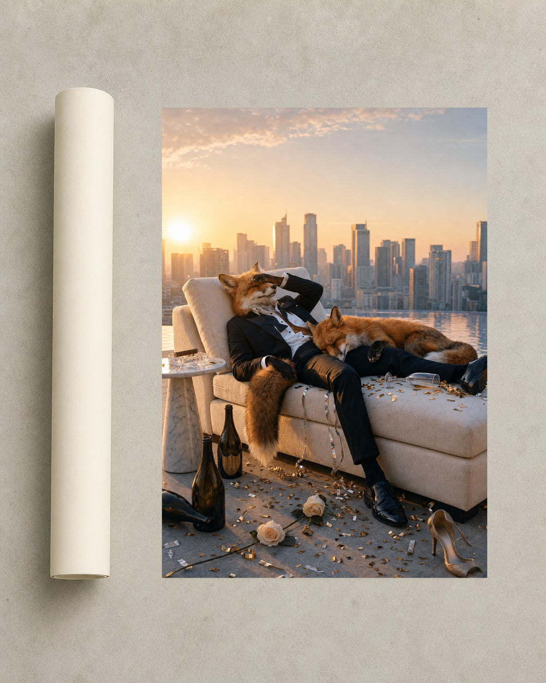 After the Party — Hangover Fox Framed Art Print — photo web-roll-portrait