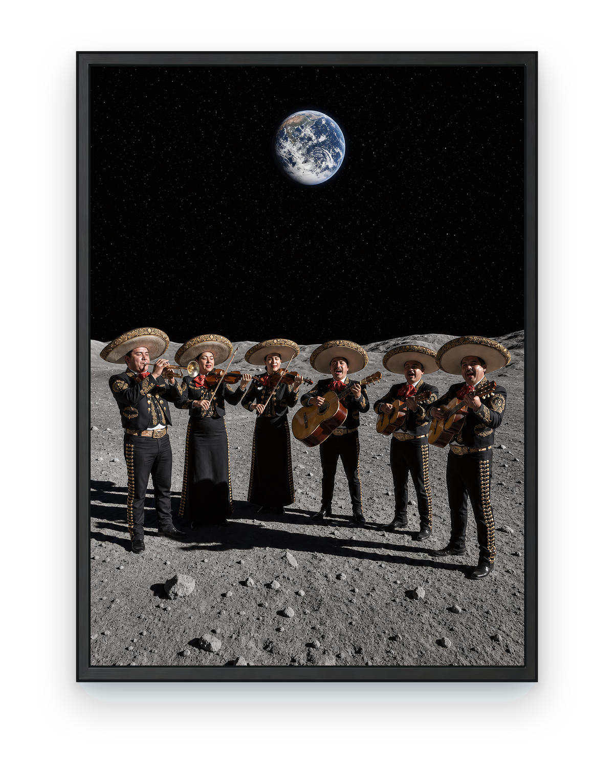 Mariachi Moon — black framed artwork on a transparent background