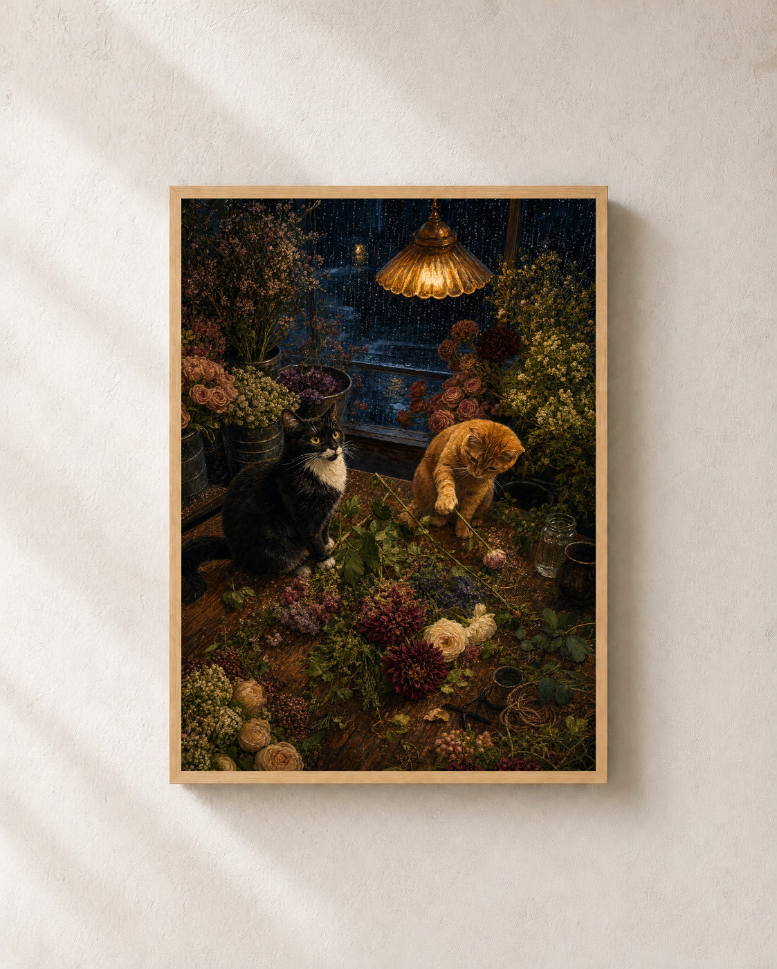 Midnight Flower Shop Cats — Framed Art Print — photo web-frame-light-oak