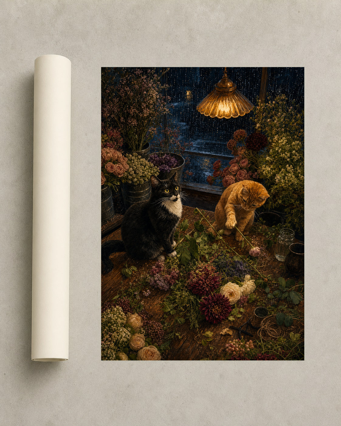 Midnight Flower Shop Cats — Framed Art Print — photo web-roll-portrait