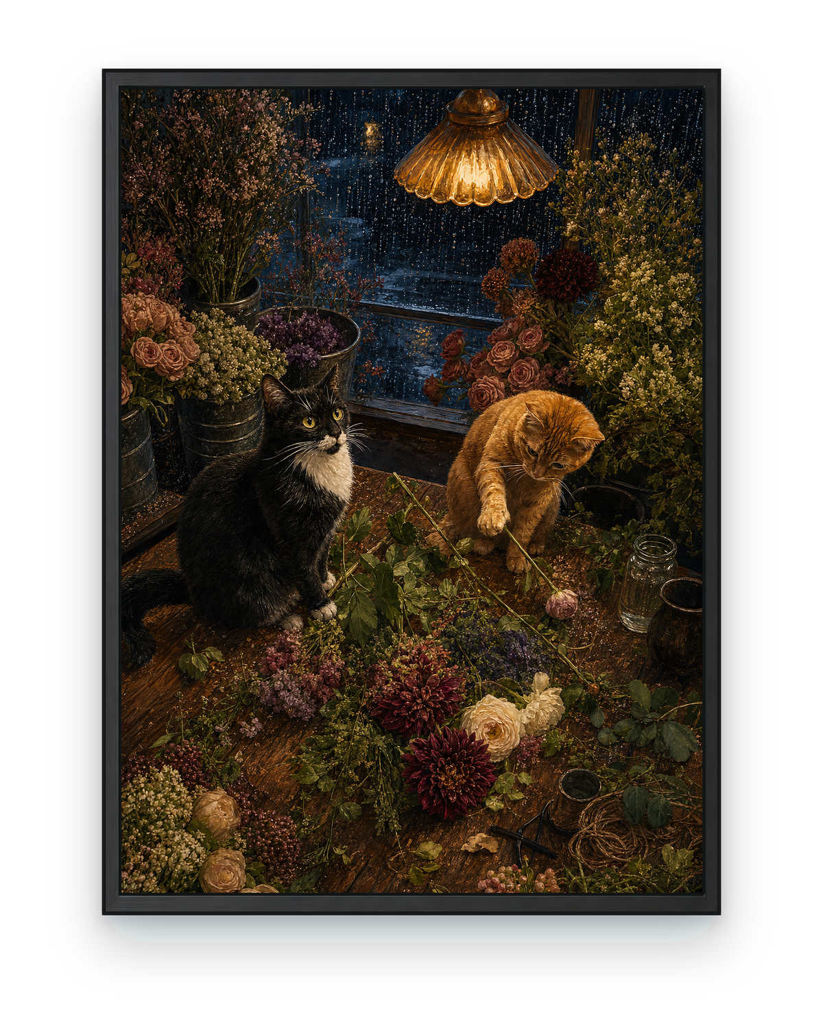 Midnight Flower Shop Cats — black framed artwork on a transparent background