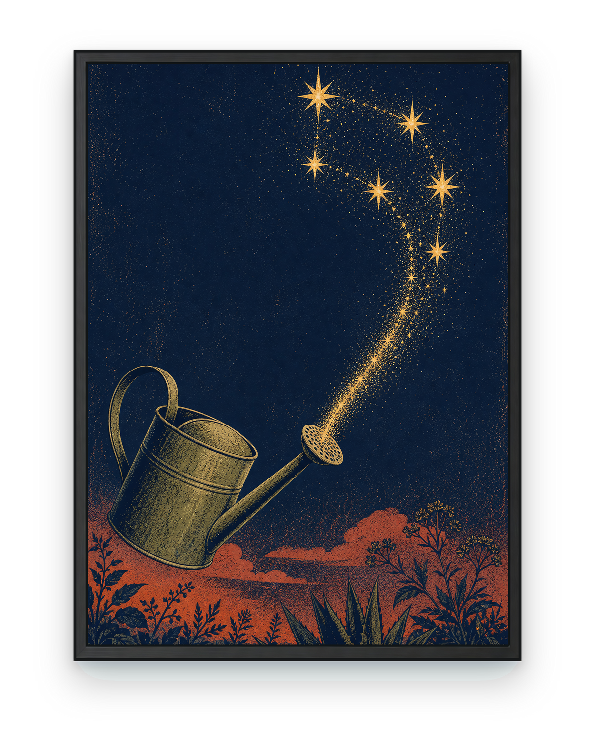 Midnight Watering Can Constellation — black framed artwork on a transparent background