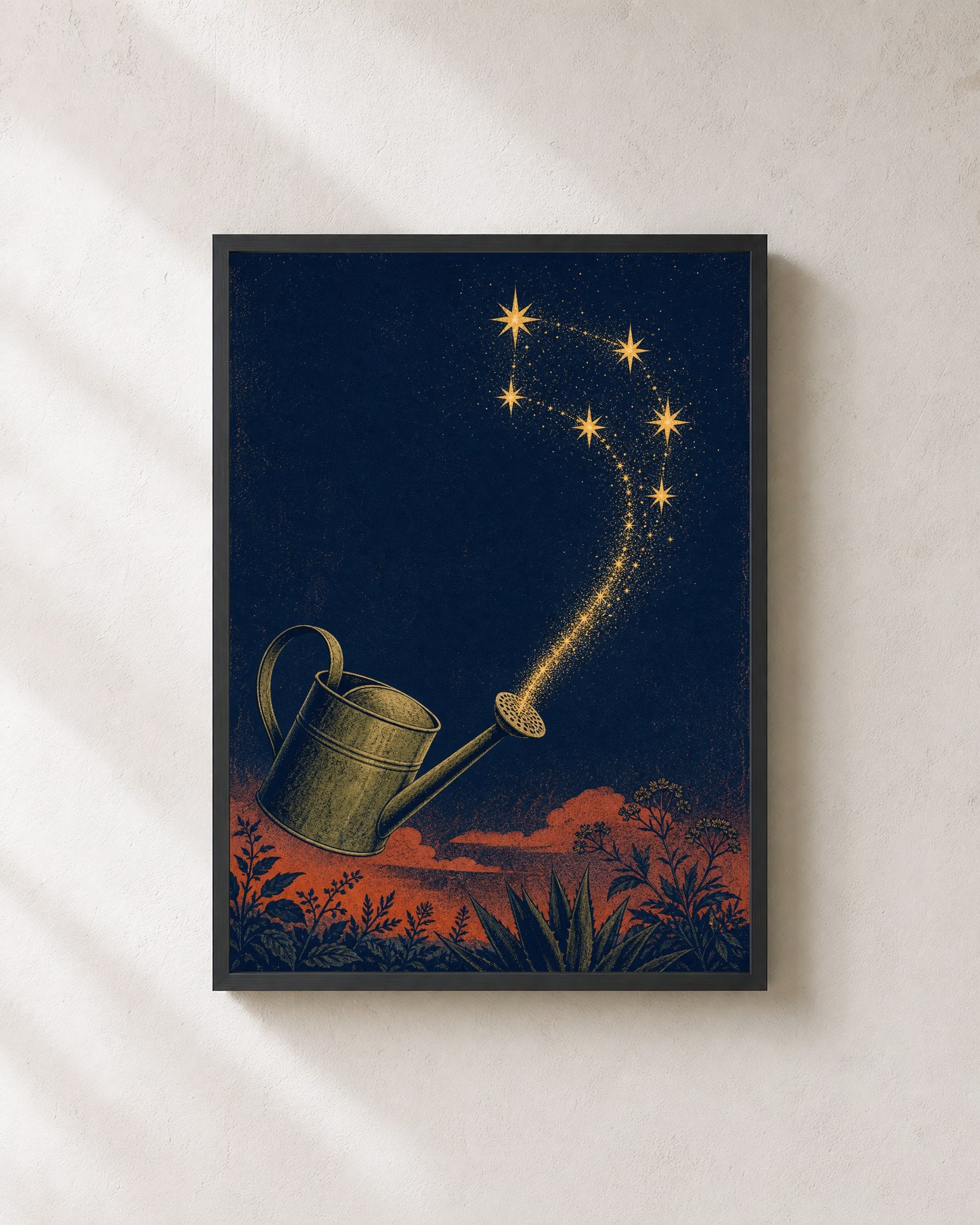 Midnight Watering Can Constellation – Framed Linocut Art Print - Wall Art Print