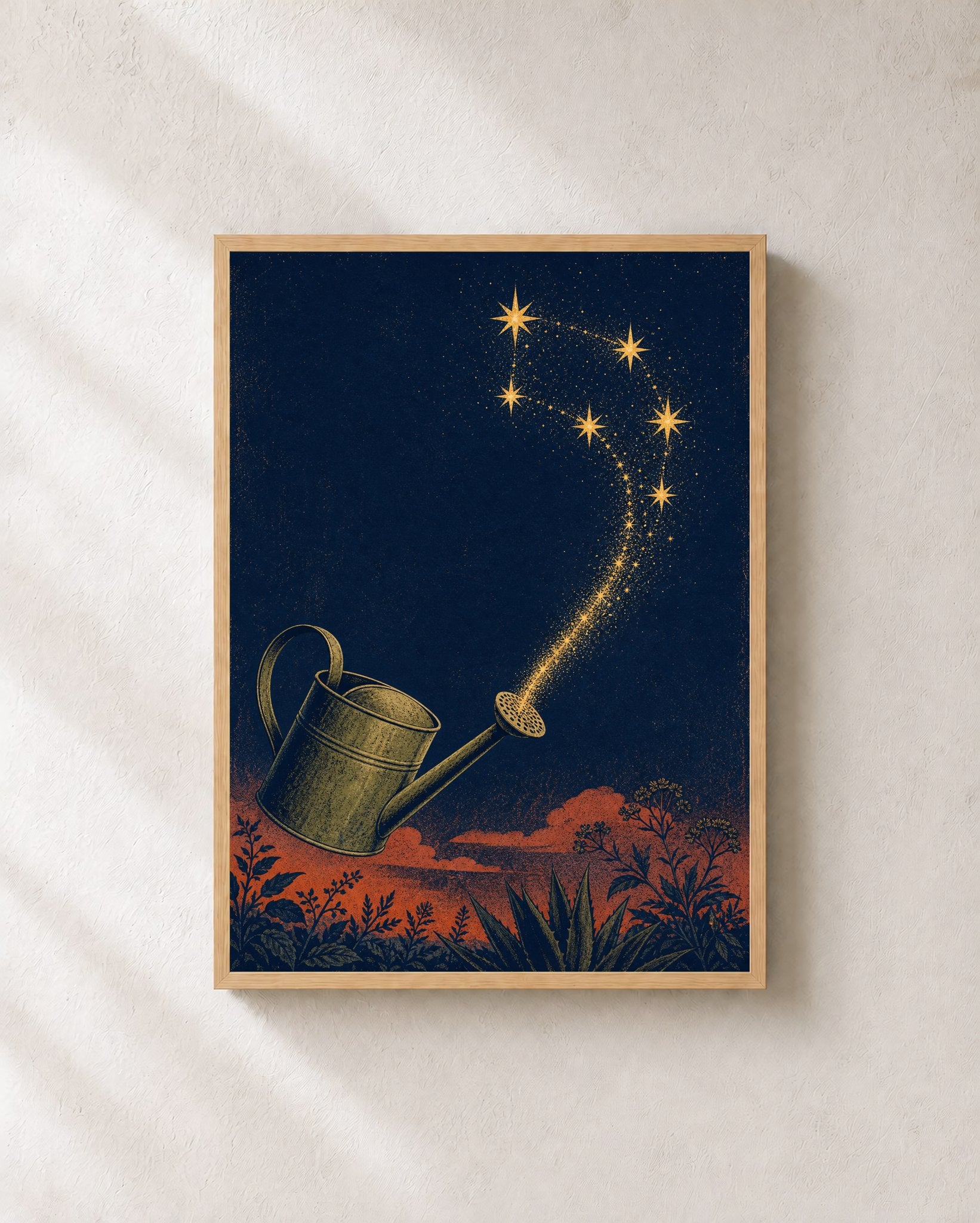 Midnight Watering Can Constellation – Framed Linocut Art Print - Wall Art Print