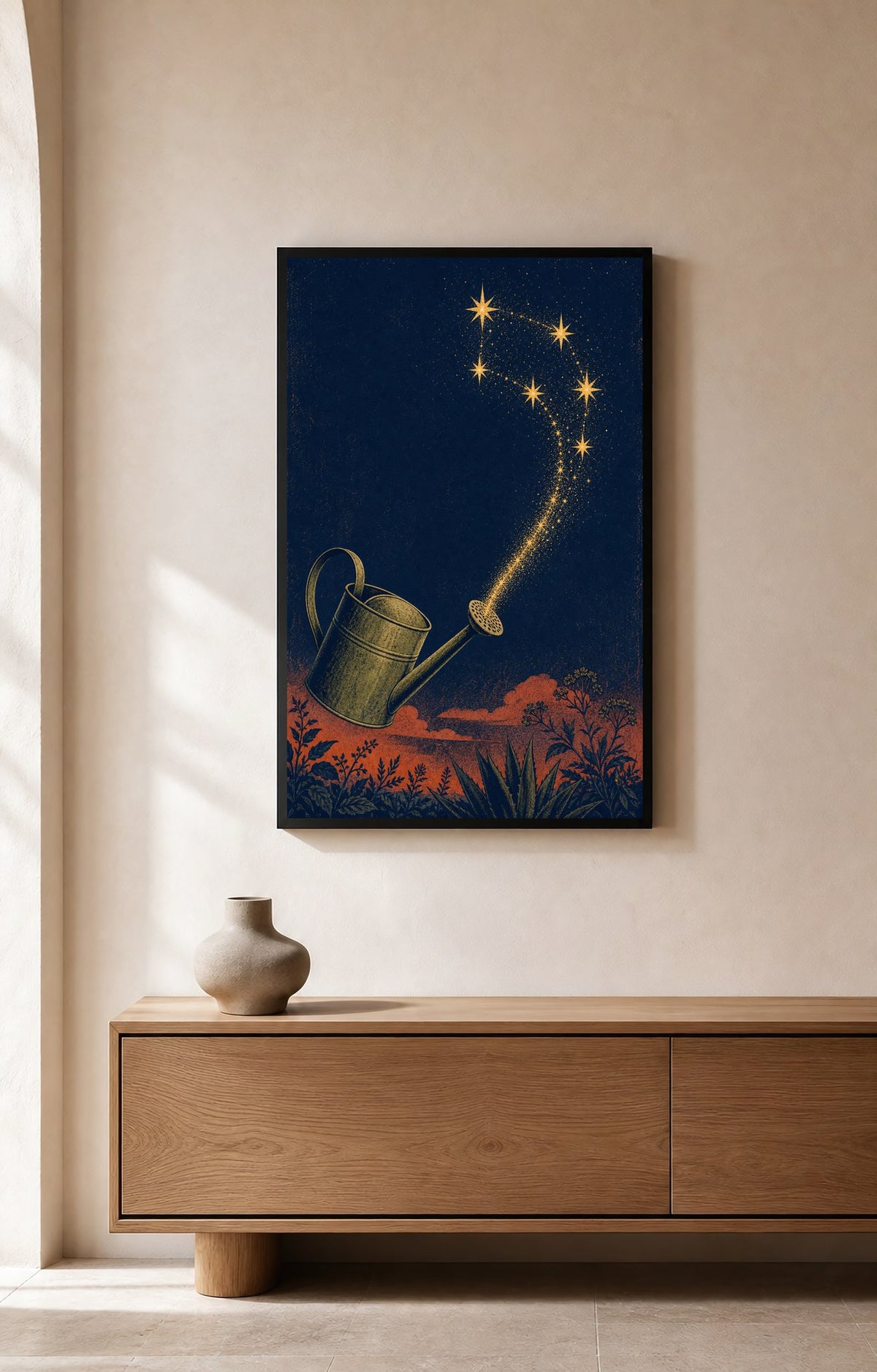 Midnight Watering Can Constellation – Framed Linocut Art Print - Wall Art Print