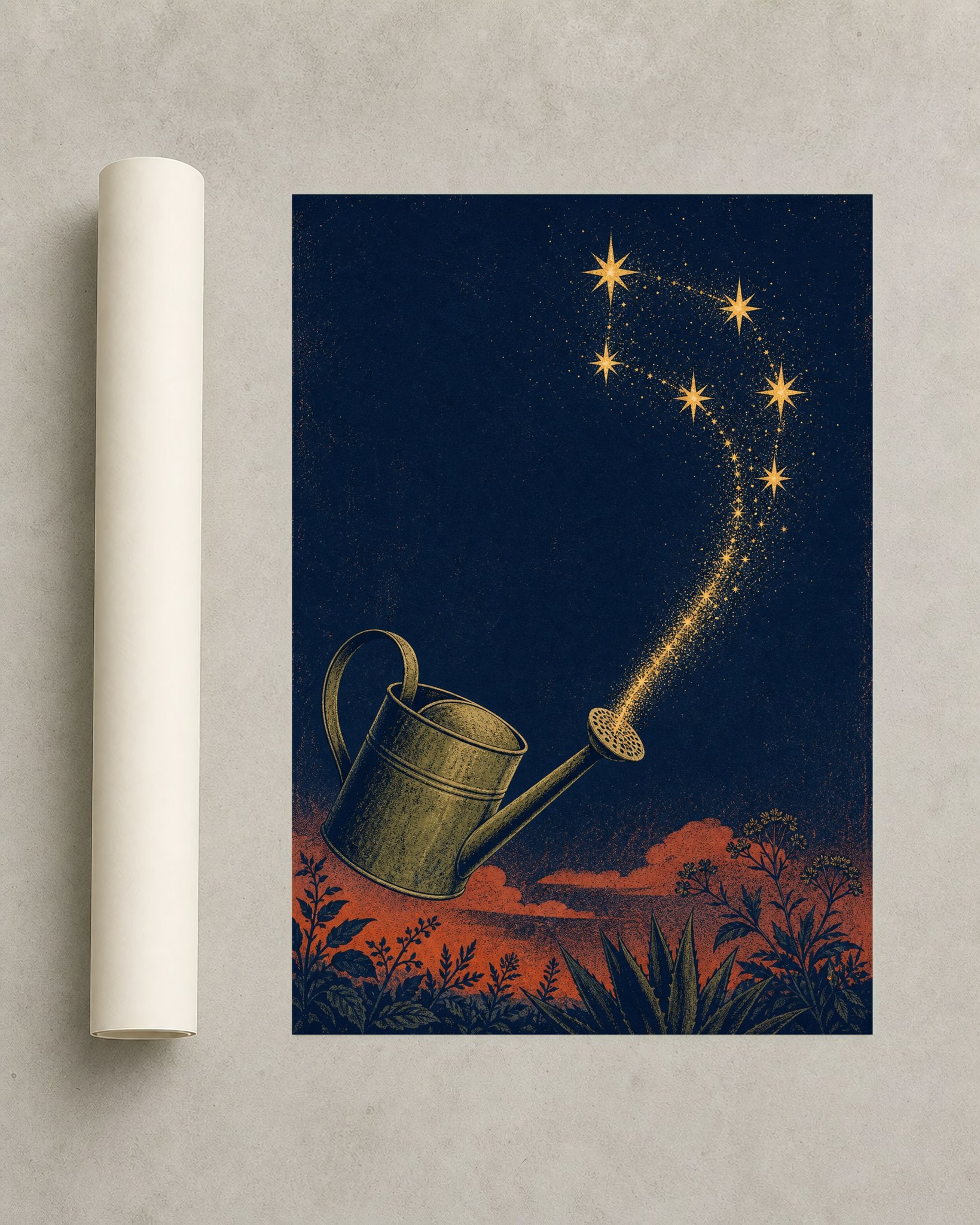 Midnight Watering Can Constellation – Framed Linocut Art Print - Wall Art Print