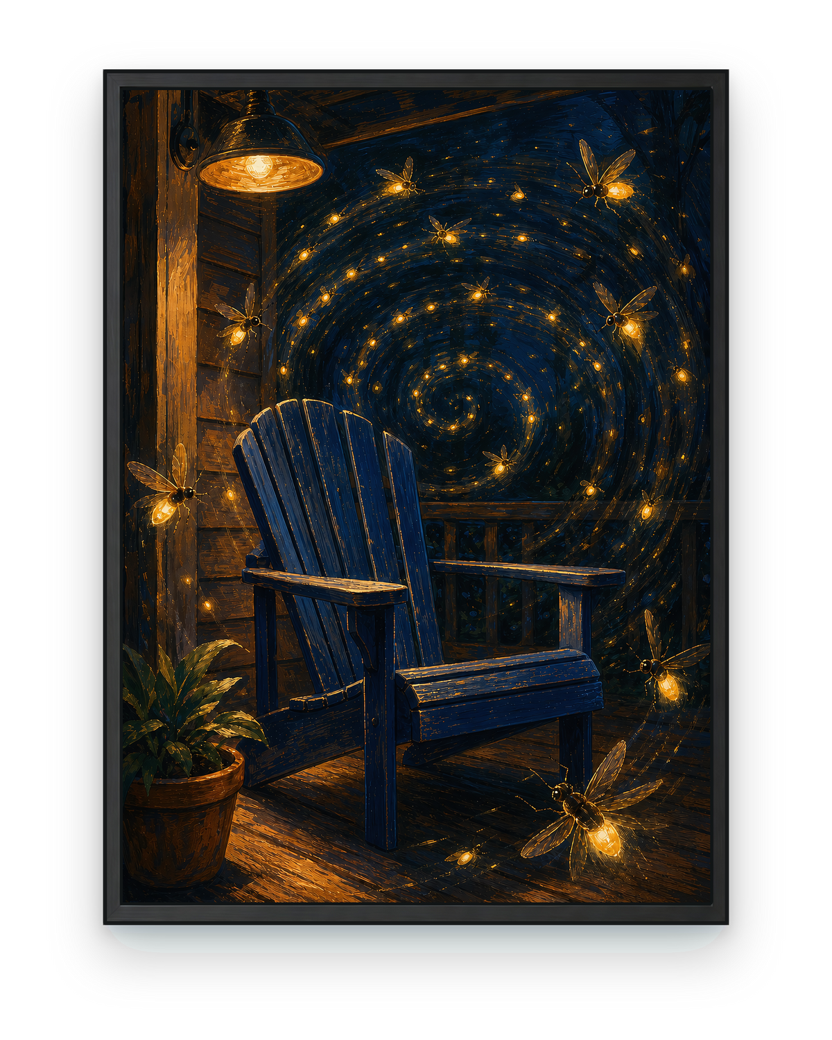 Porch Light Fireflies — black framed artwork on a transparent background