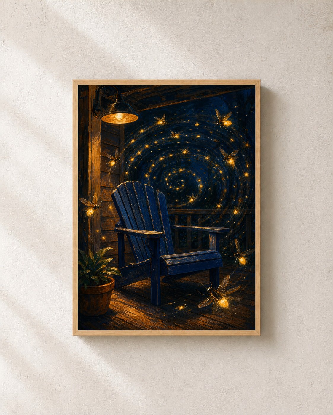 Porch Light Fireflies shown in a light oak frame