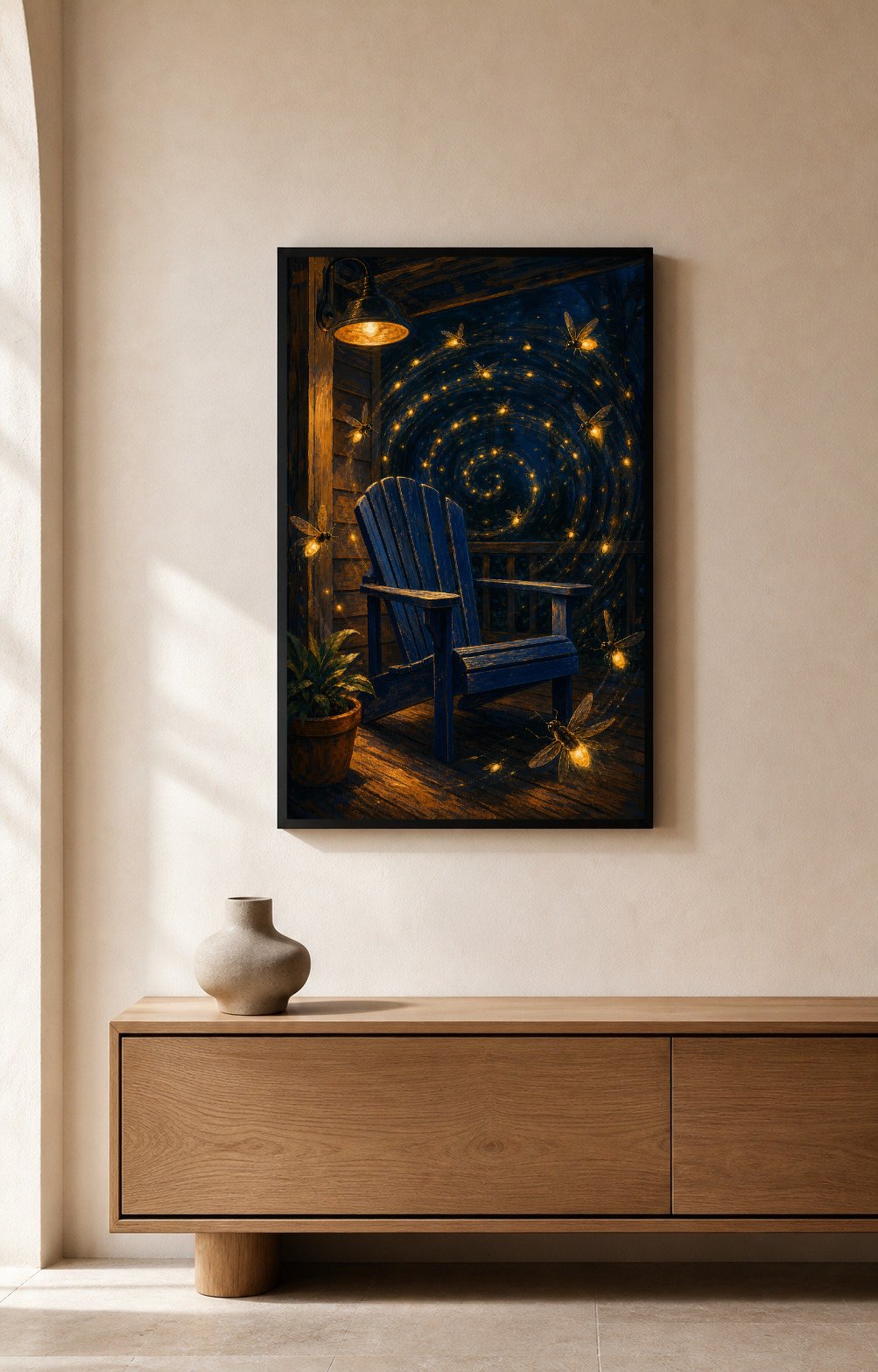 Porch Light Fireflies framed print in a styled room setting