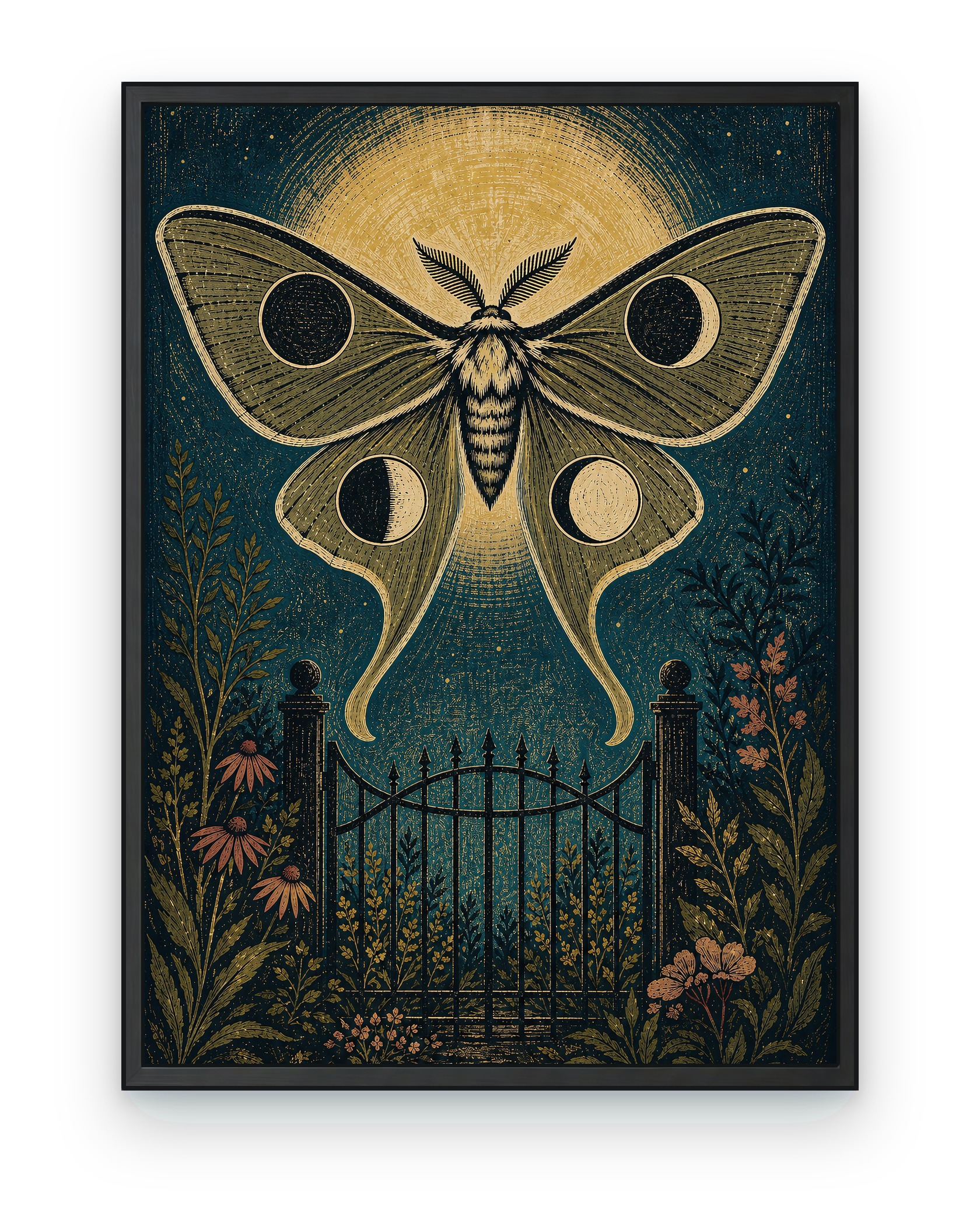 Moon Moth Garden Gate — black framed artwork on a transparent background
