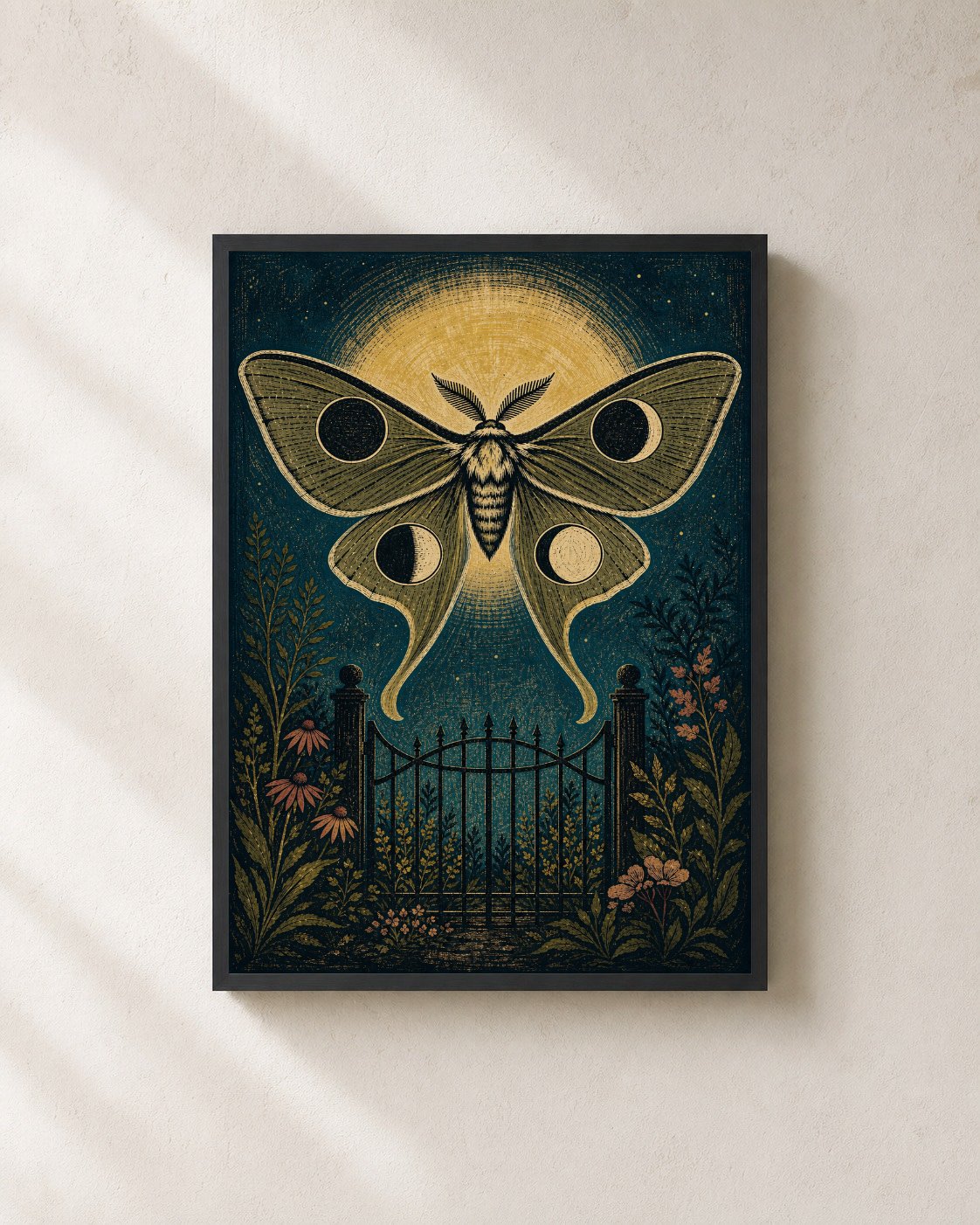 Moon Moth Garden Gate – Framed Linocut Art Print - Wall Art Print