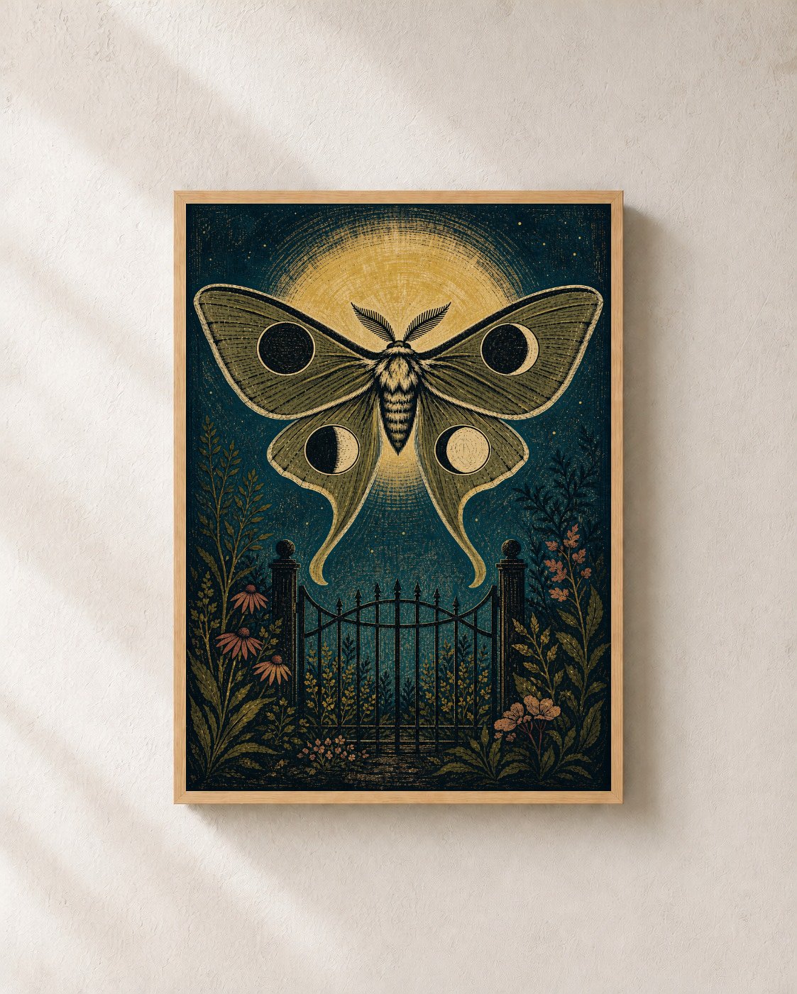 Moon Moth Garden Gate – Framed Linocut Art Print - Wall Art Print