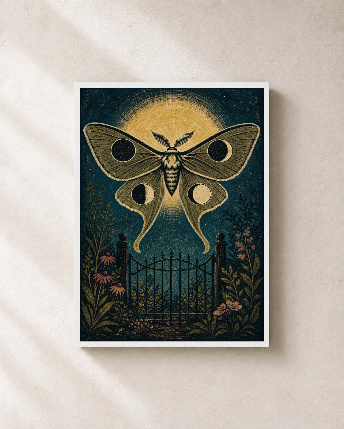 Moon Moth Garden Gate – Framed Linocut Art Print - Wall Art Print