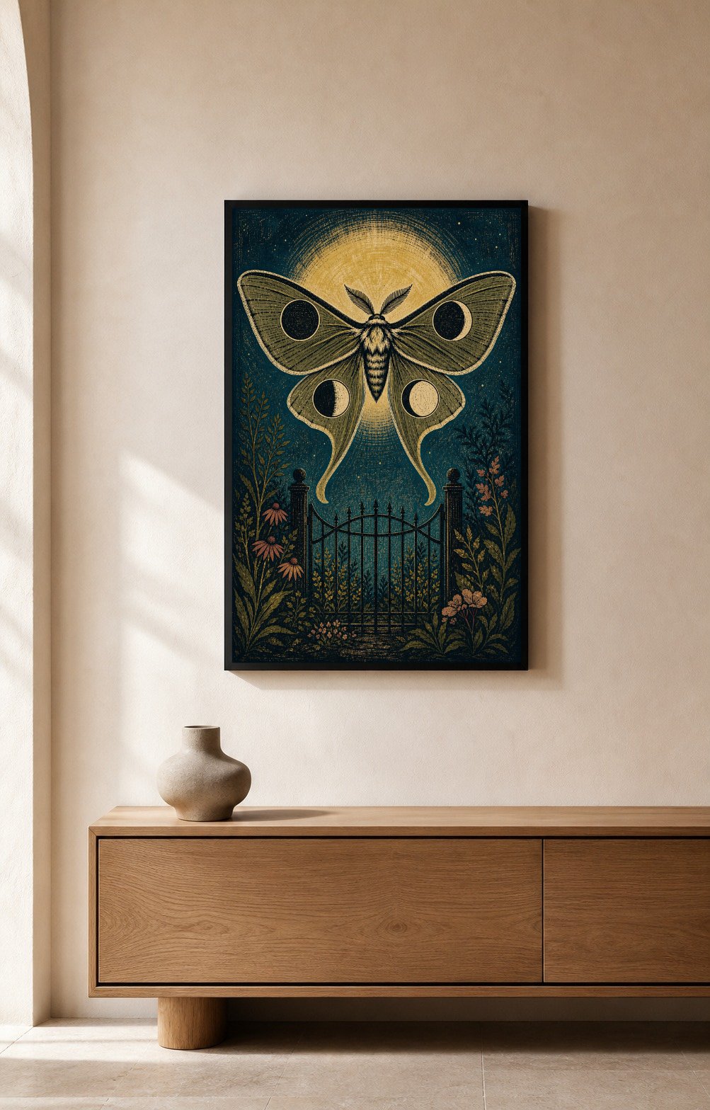 Moon Moth Garden Gate – Framed Linocut Art Print - Wall Art Print