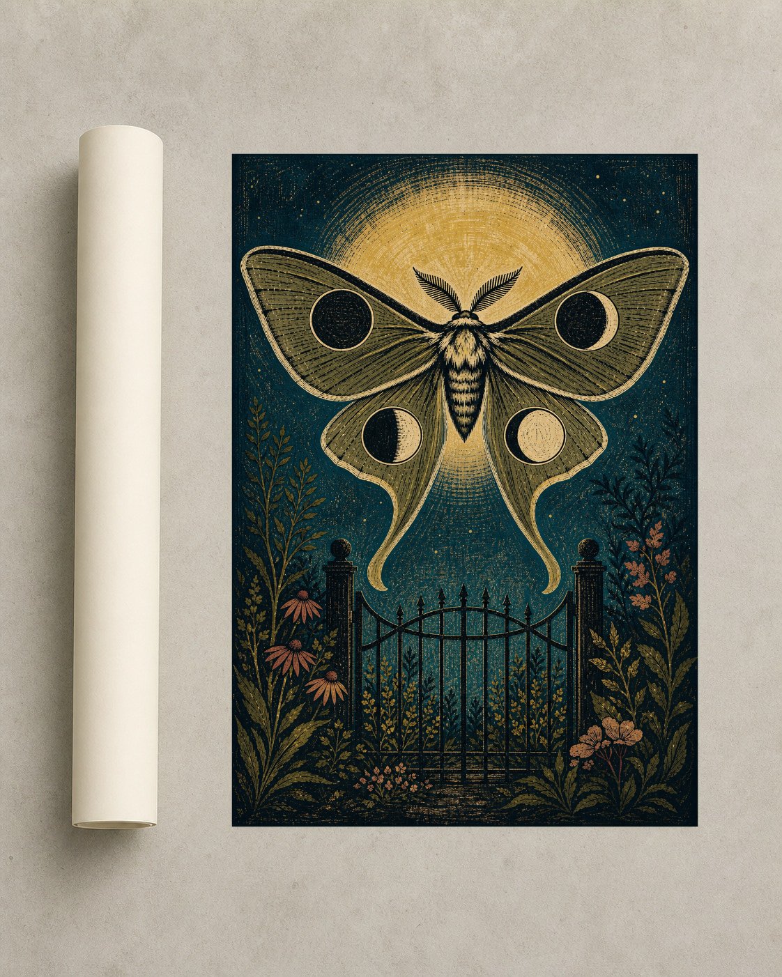 Moon Moth Garden Gate – Framed Linocut Art Print - Wall Art Print