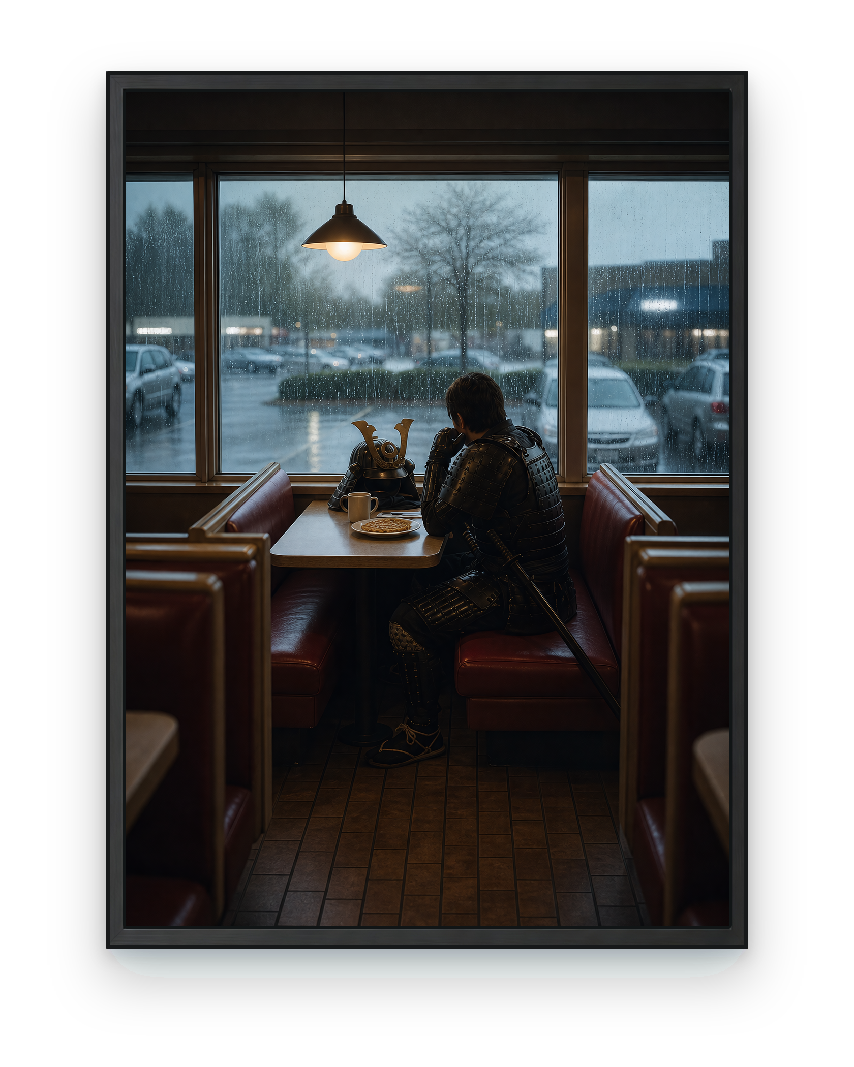 Breakfast After Battle — black framed artwork on a transparent background