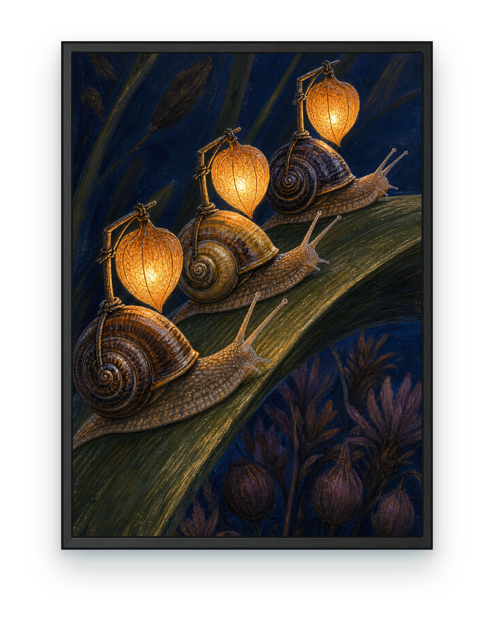 Snail Lantern Parade — black framed artwork on a transparent background