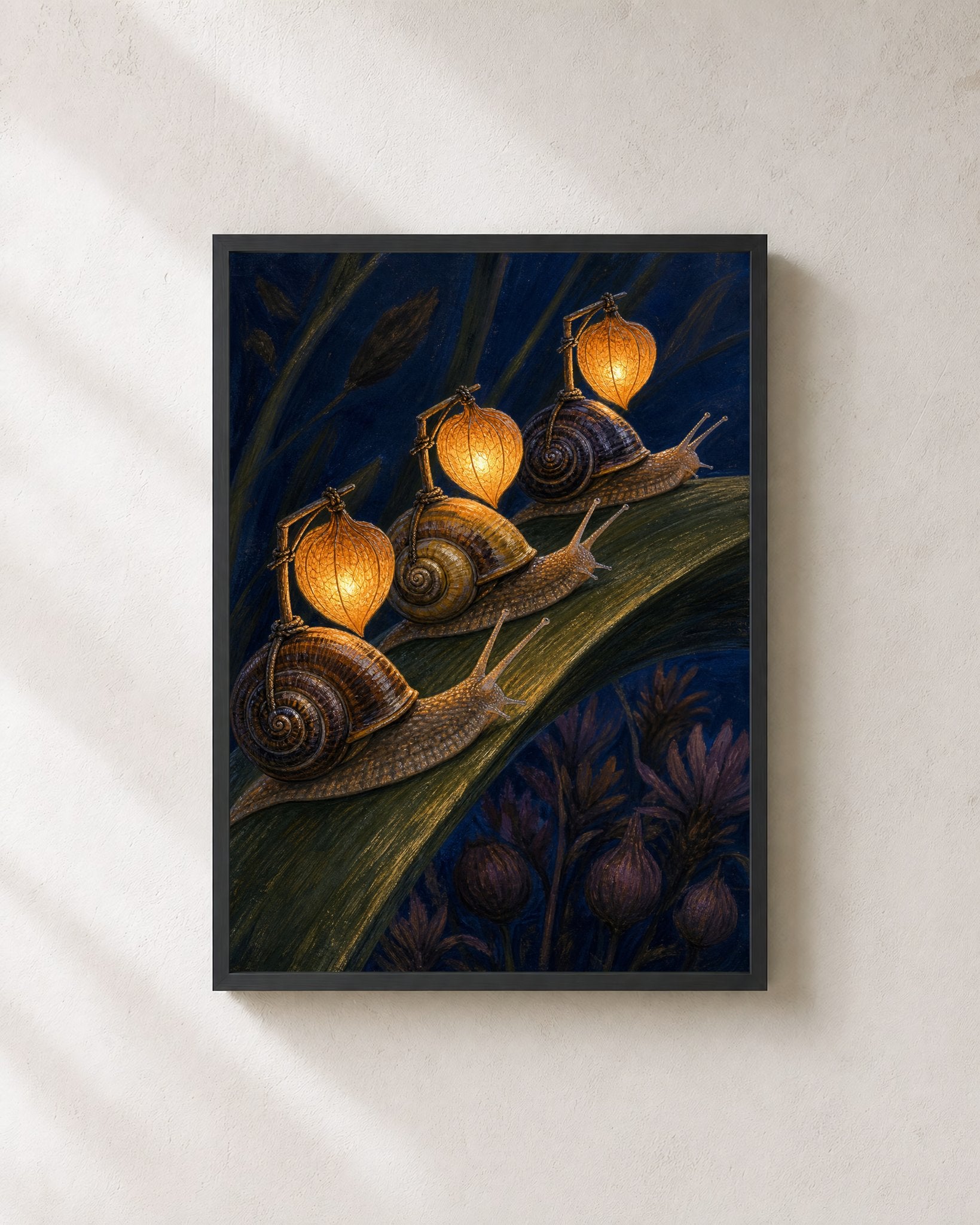 Snail Lantern Parade – Framed Nocturne Art Print - Wall Art Print