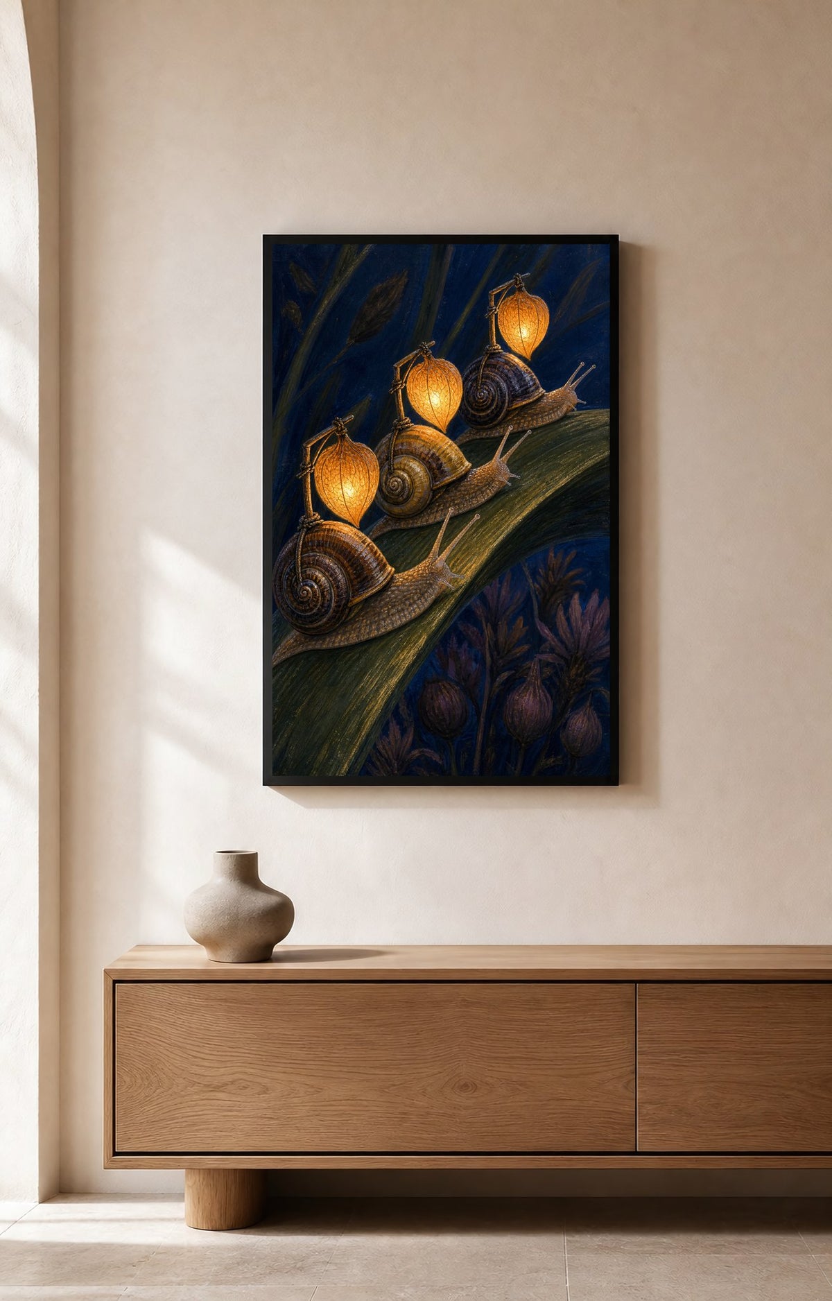 Snail Lantern Parade – Framed Nocturne Art Print - Wall Art Print
