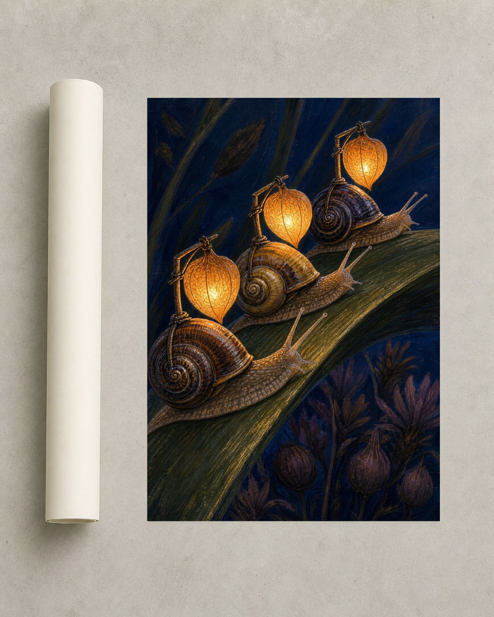 Snail Lantern Parade – Framed Nocturne Art Print - Wall Art Print