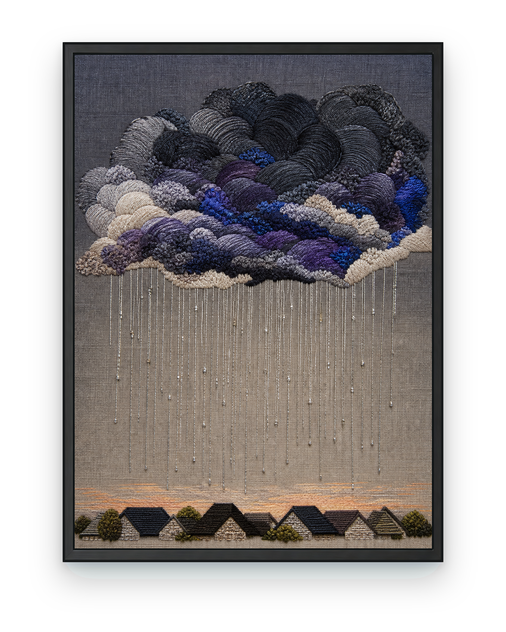 Storm Quilt Rooftops — black framed artwork on a transparent background