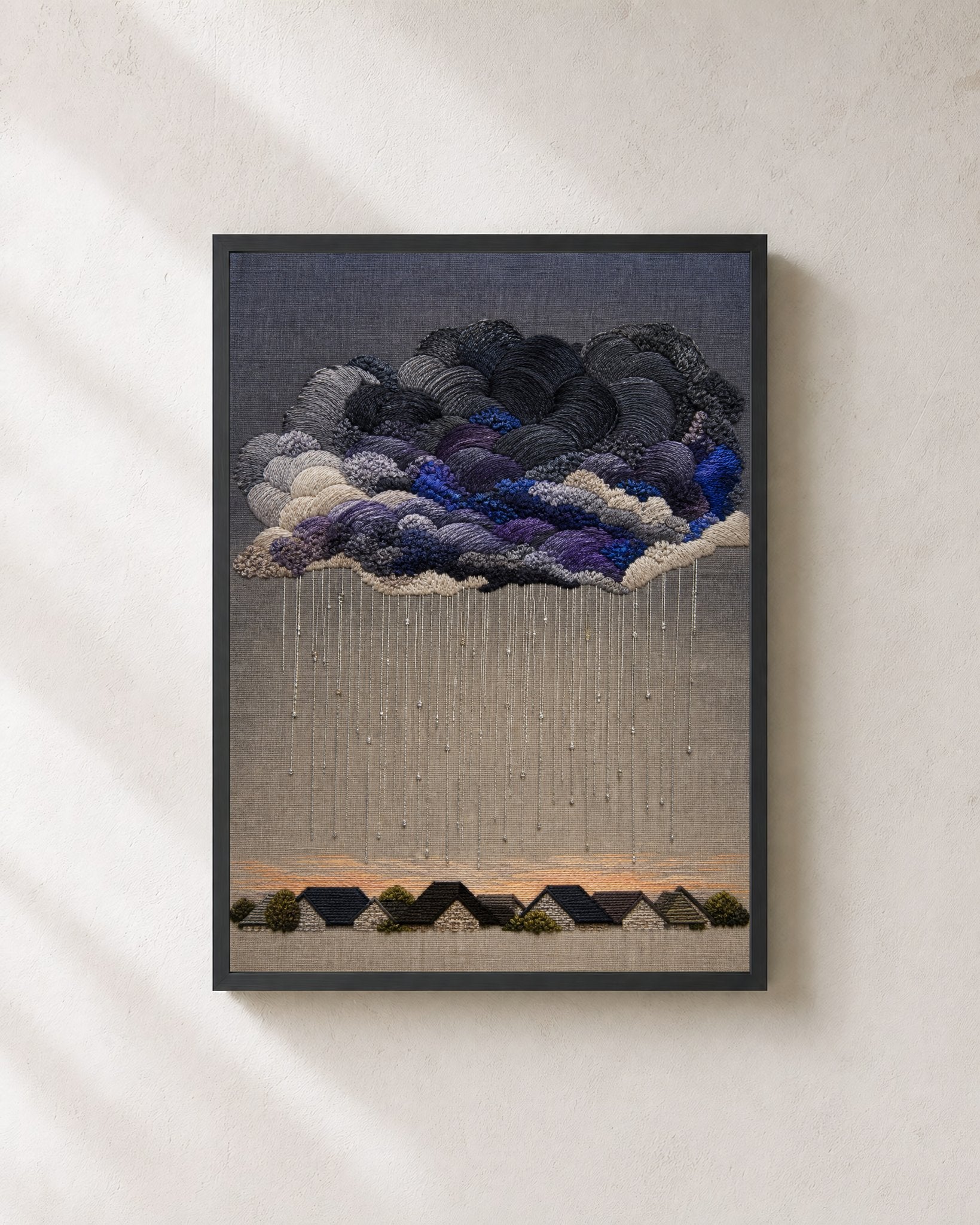 Storm Quilt Rooftops – Framed Embroidered Art Print - Wall Art Print