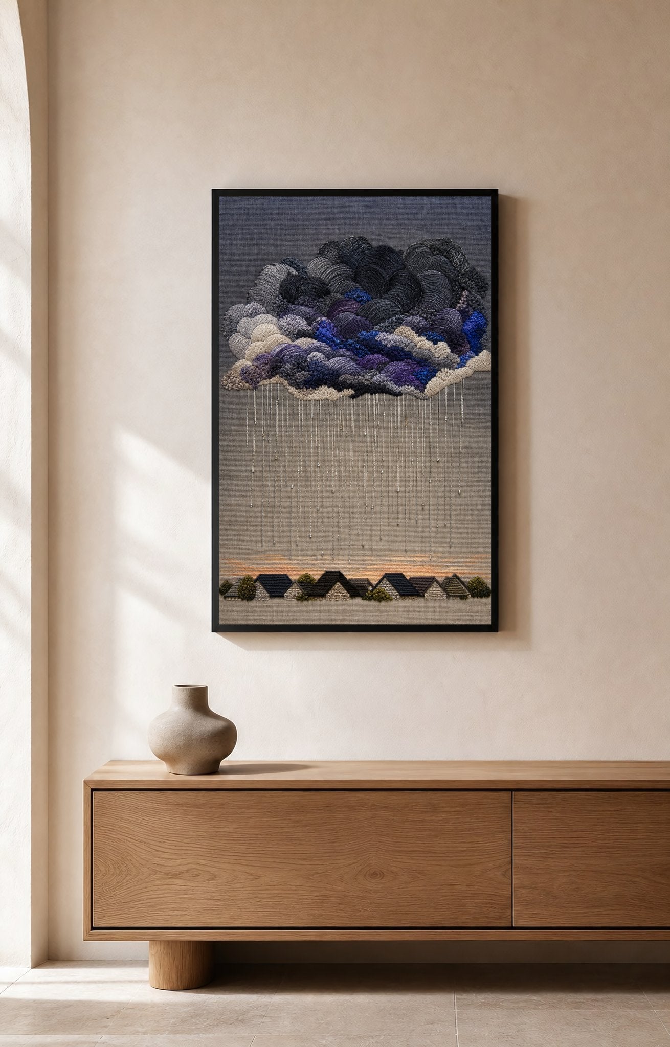 Storm Quilt Rooftops – Framed Embroidered Art Print - Wall Art Print
