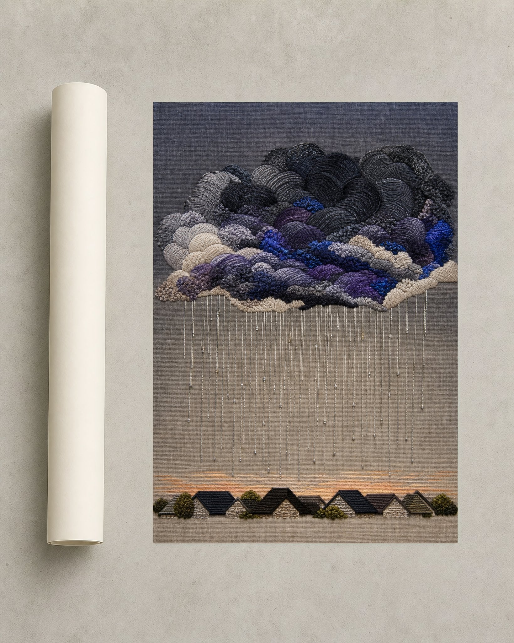 Storm Quilt Rooftops – Framed Embroidered Art Print - Wall Art Print