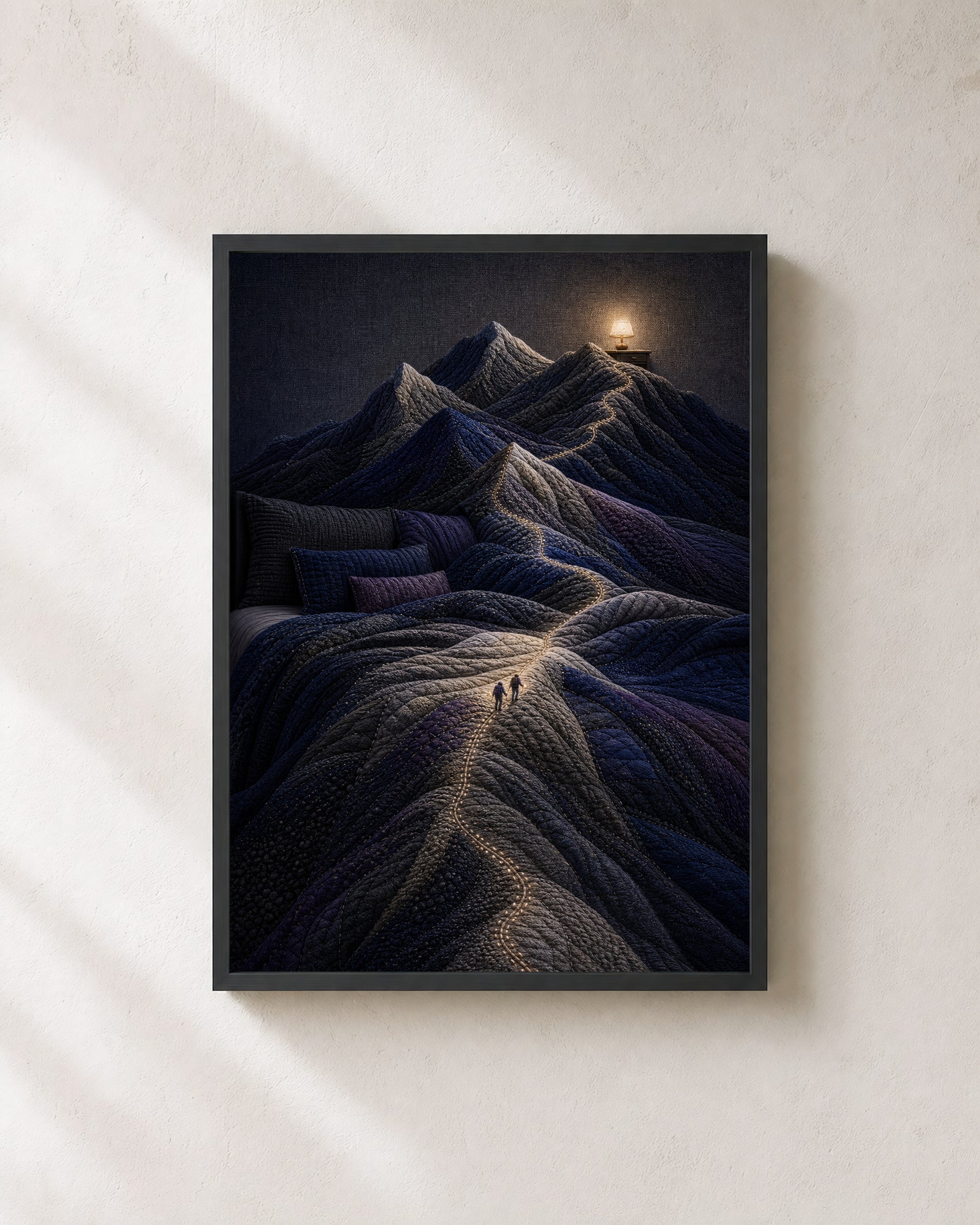The Bed Became Mountains art print in a black frame