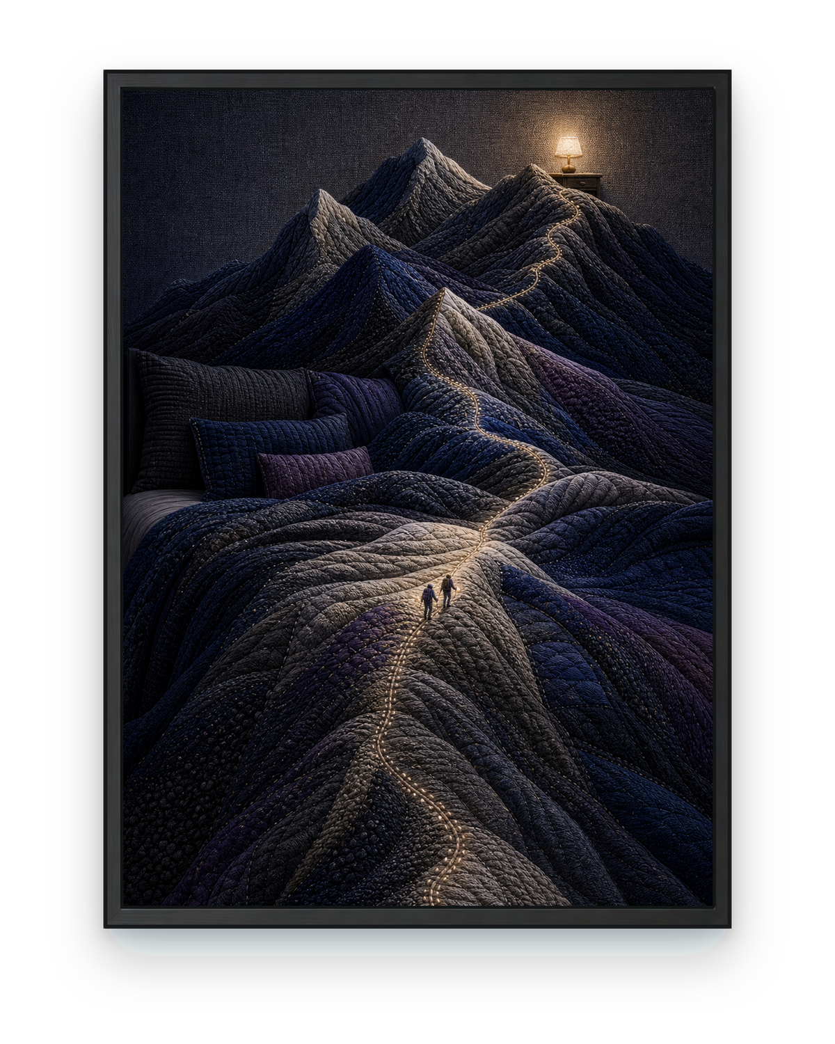 The Bed Became Mountains in a black frame on a transparent catalog background
