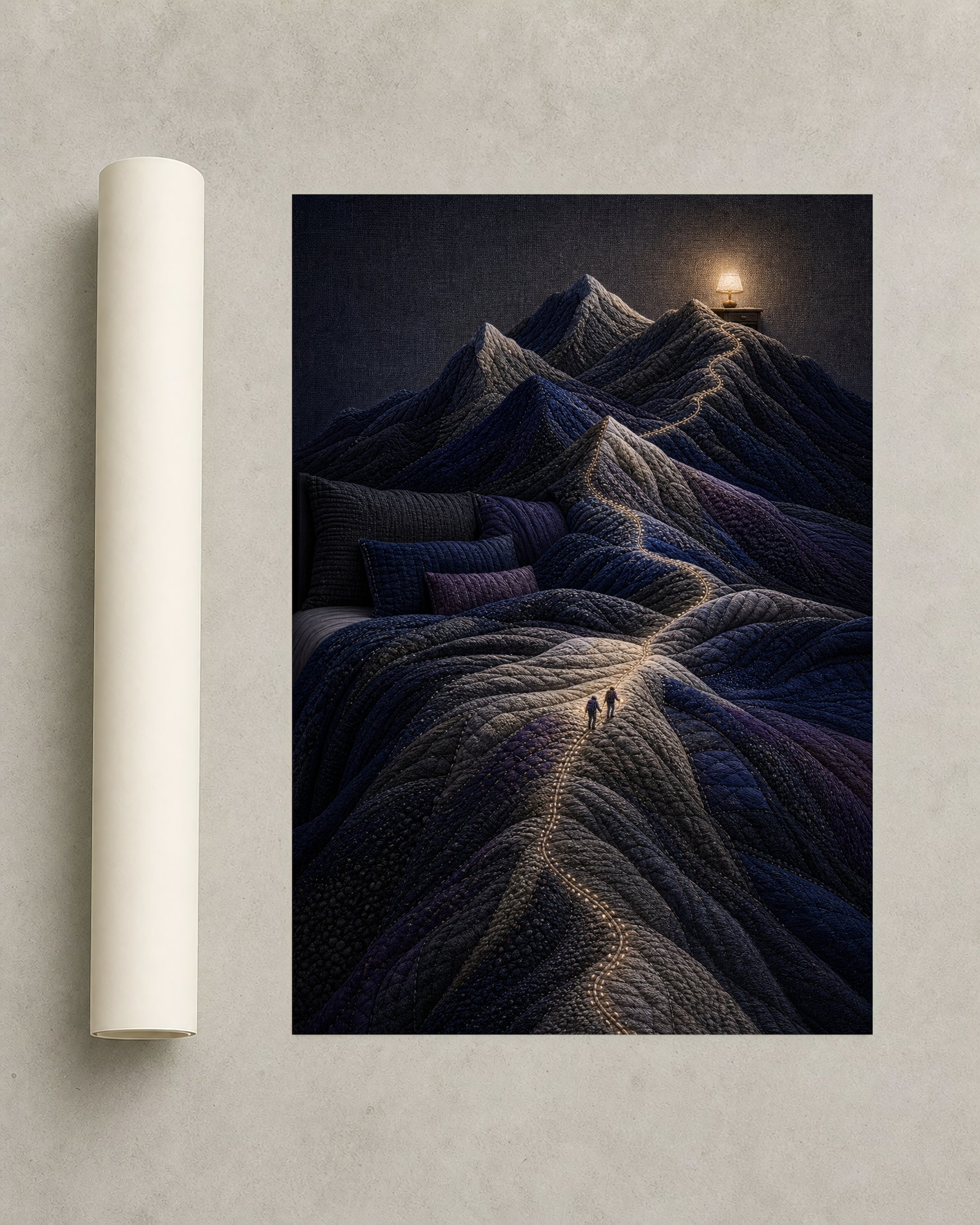 The Bed Became Mountains frameless art print beside a rolled print