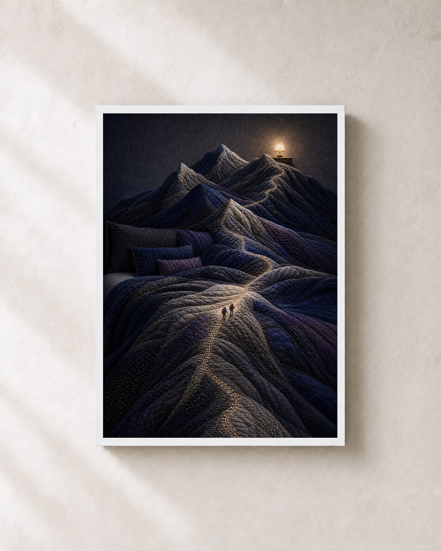 The Bed Became Mountains art print in a white frame
